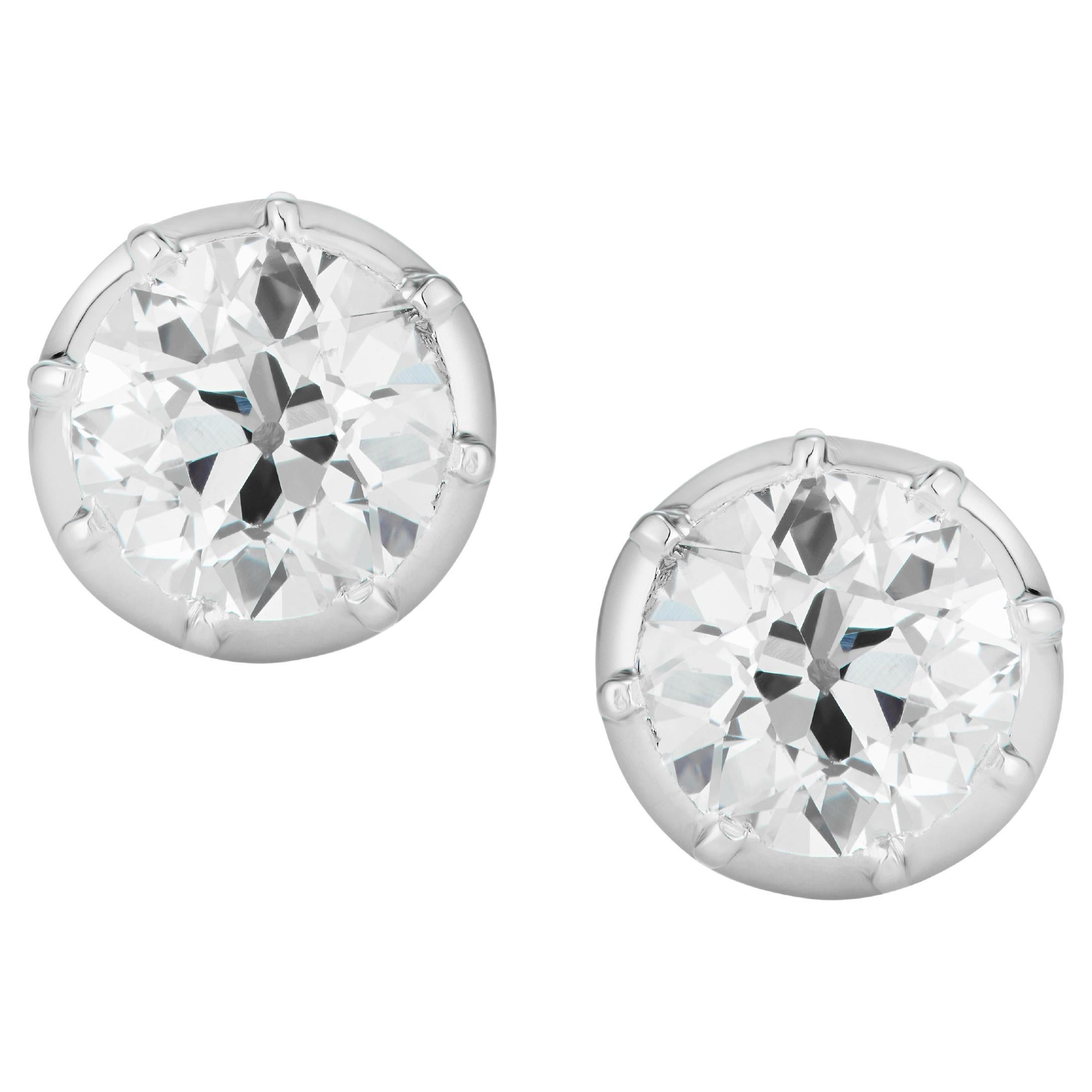 1 Carat Old Cut Diamond Studs in Gold and Platinum in Cut Down Setting