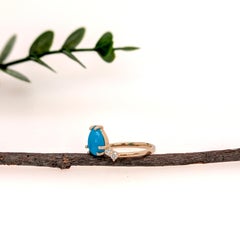 Anello con turchese da 1 centesimo e accenti di diamanti naturali in oro giallo massiccio 14 carati  PE 8x6mm