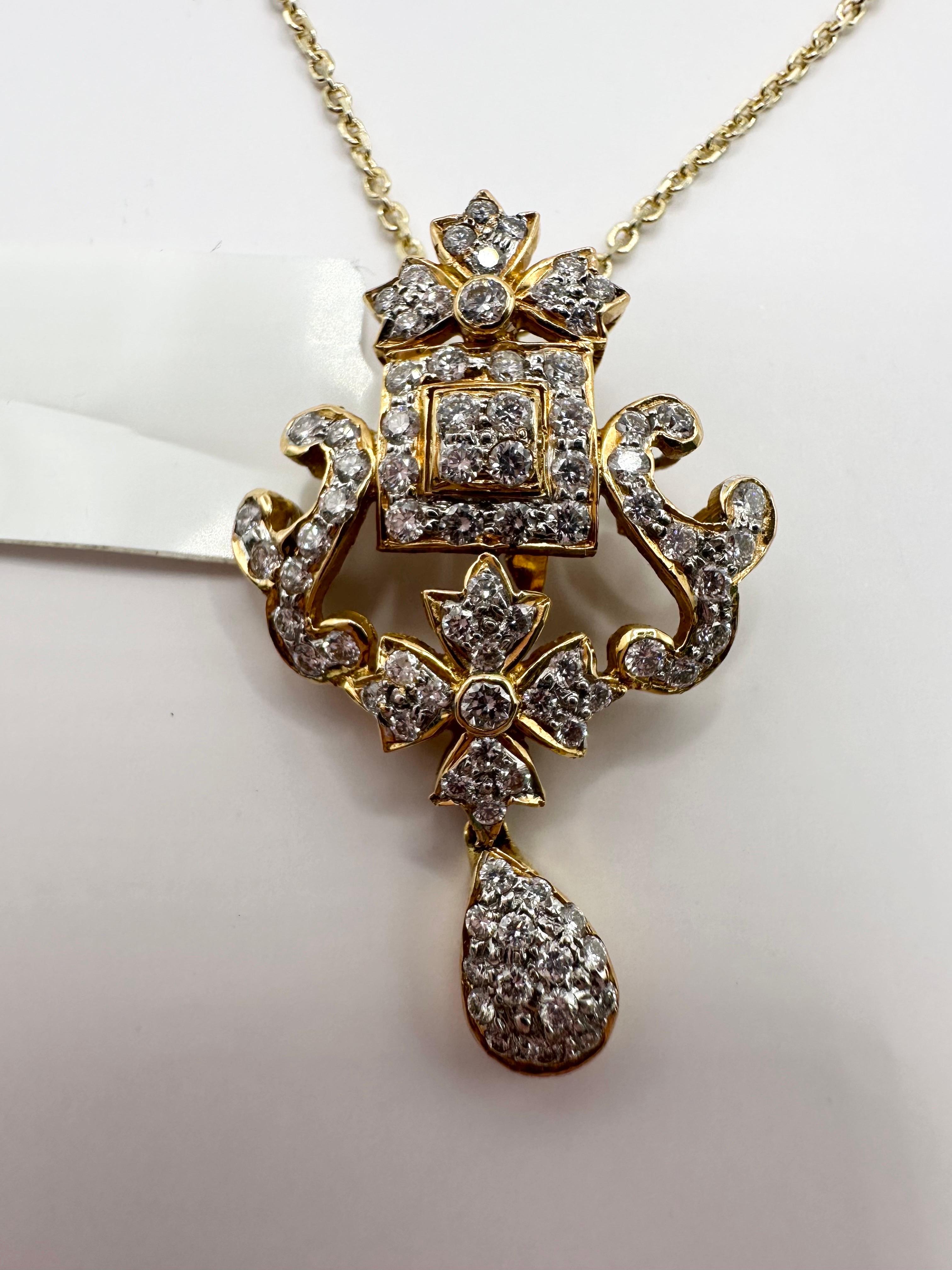 1ct Collier pendentif en diamant vintage Chaîne en or jaune 18KT 18