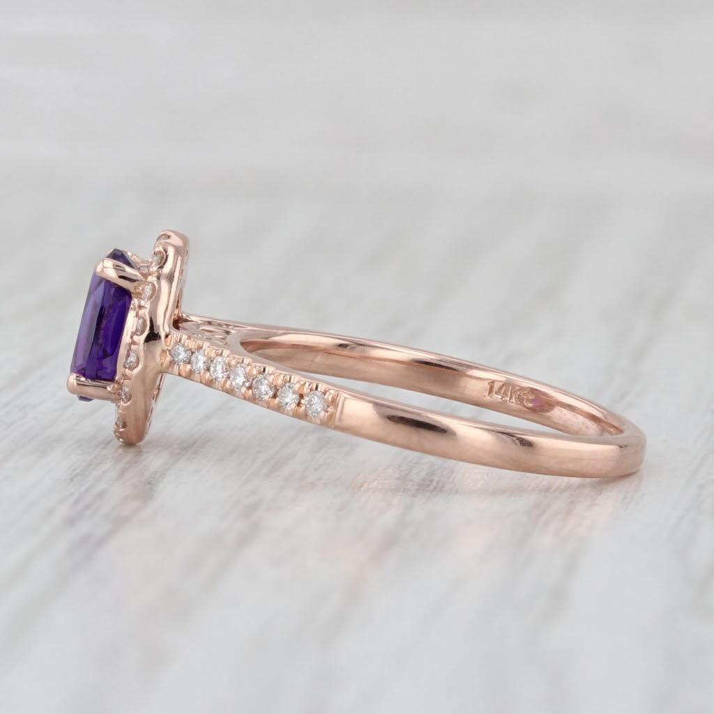 Gemstone Information:
- Natural Amethyst -
Carats - 0.70ct 
Cut - Oval
Color - Purple

- Natural Diamonds -
Total Carats - 0.30ctw
Cut - Round Brilliant
Color - G - H
Clarity - VS2 - SI1

Metal: 14k Rose Gold
Weight: 3 Grams 
Stamps: 14k
Face