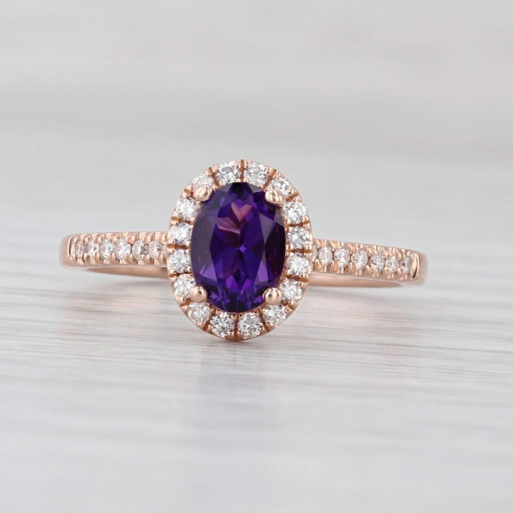 1ctw Amethyst Diamond Halo Ring 14k Rose Gold Size 7 Engagement In Good Condition For Sale In McLeansville, NC