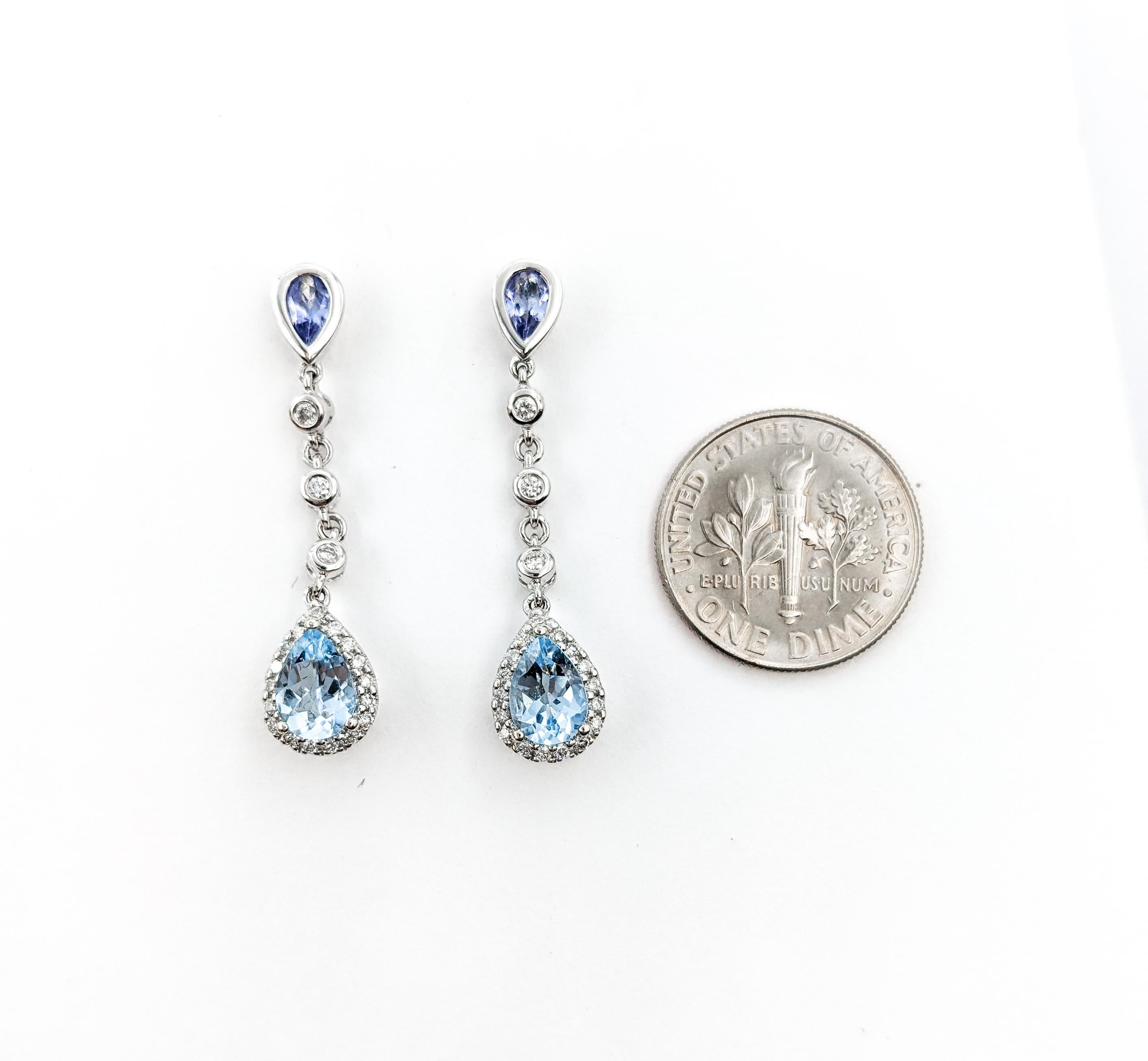 Rose Cut 1ctw aquamarines & .50ctw Tanzanites & Diamonds Dangle Earrings In Rose Gold For Sale