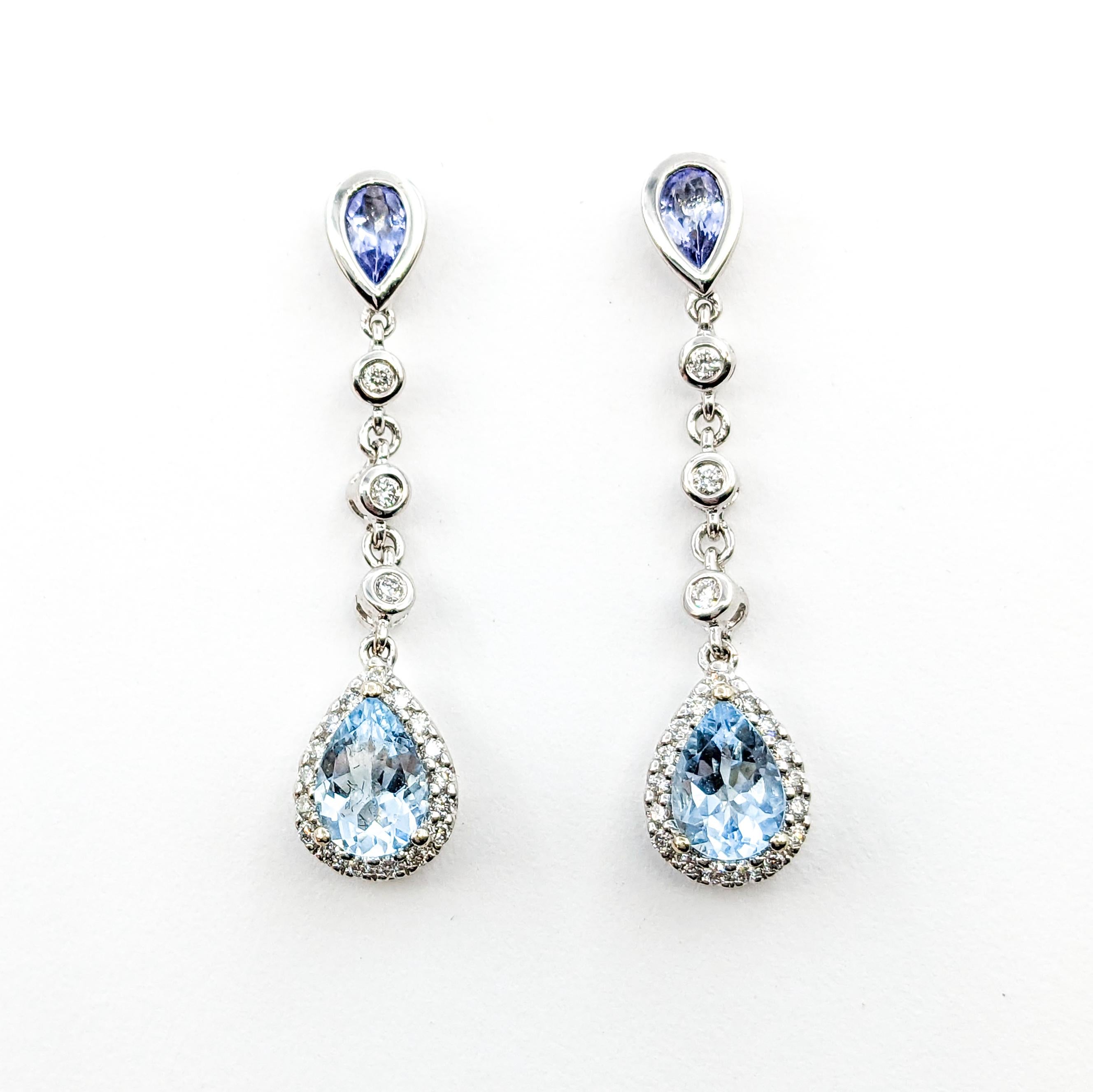 1ctw aquamarines & .50ctw Tanzanites & Diamonds Dangle Earrings In Rose Gold For Sale 1
