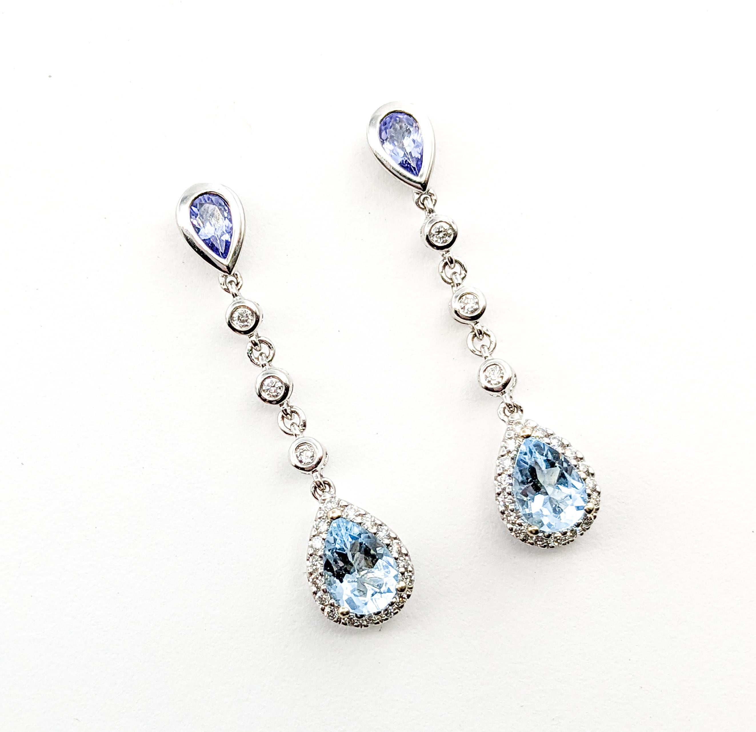 1ctw aquamarines & .50ctw Tanzanites & Diamonds Dangle Earrings In Rose Gold For Sale 2