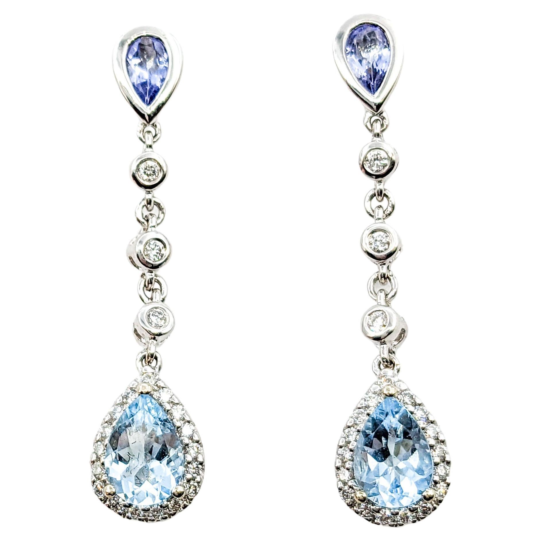 1ctw aquamarines & .50ctw Tanzanites & Diamonds Dangle Earrings In Rose Gold For Sale