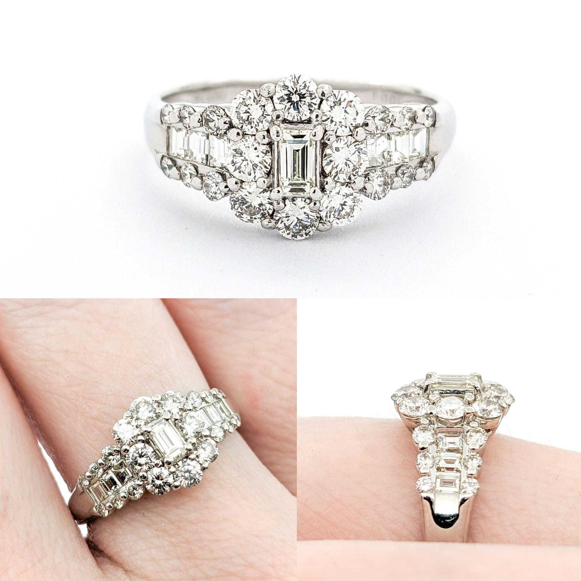 1ctw Cluster Diamond Ring In Platinum

This stunning diamond fashion ring is meticulously crafted in 900pt platinum, featuring an exquisite cluster of diamonds totaling 1.00ctw. These diamonds are of SI-I clarity, showcasing a near colorless white
