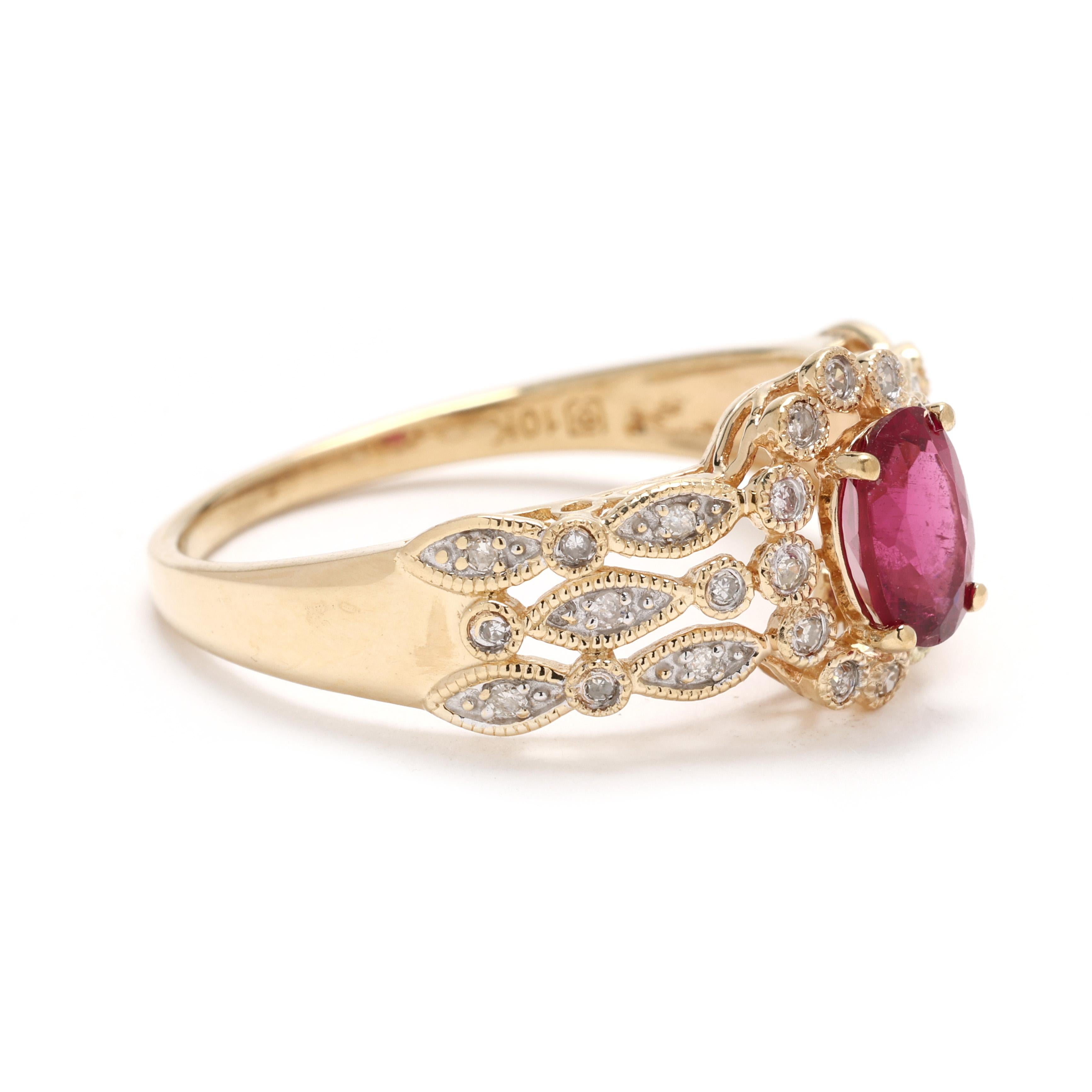 Faites-vous remarquer avec cette superbe bague de 1ctw en diamant et tourmaline rose, réalisée en or jaune 10k radieux. Cette bague de taille 9 est ornée d'une tourmaline rose captivante entourée de diamants étincelants, créant ainsi un design
