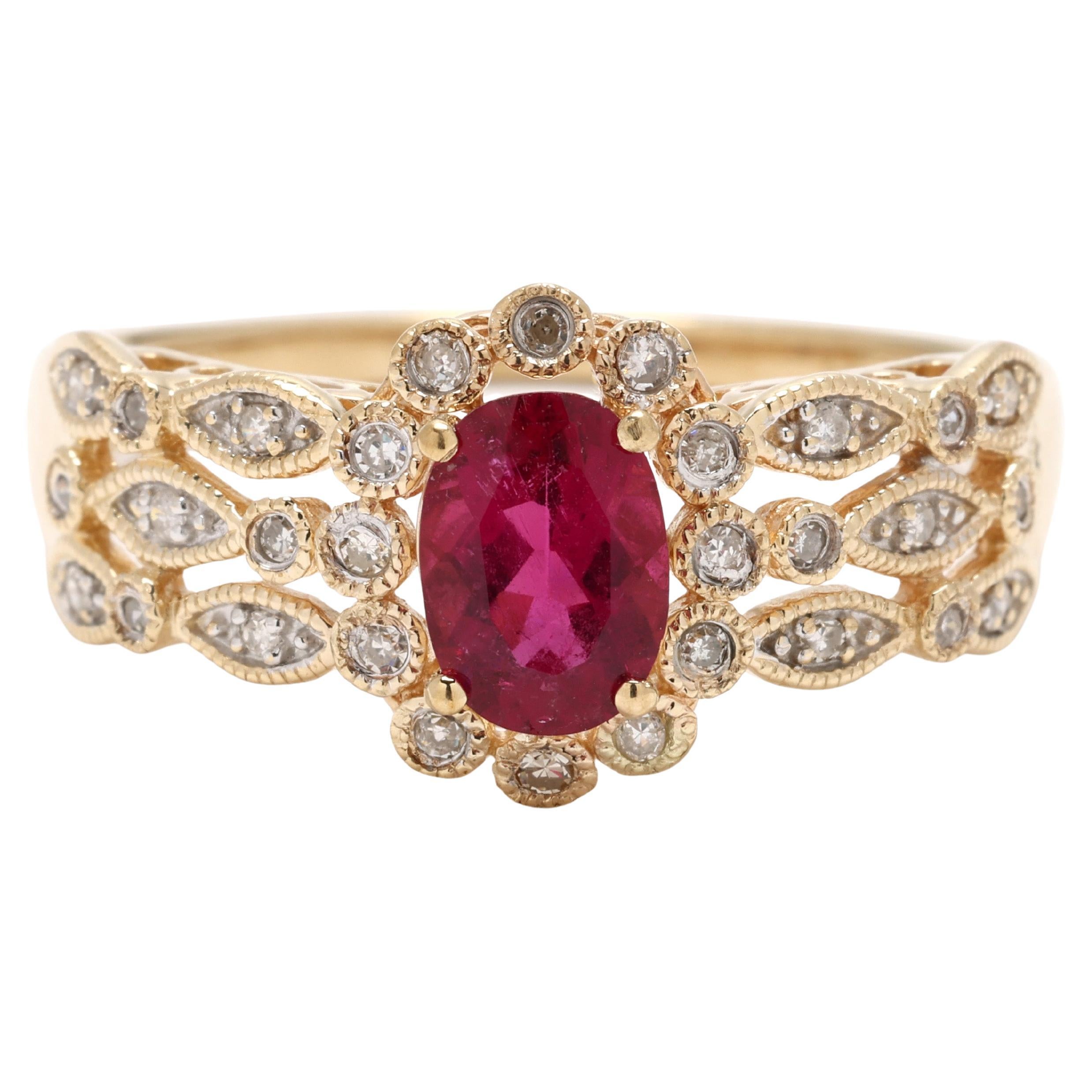 Bague fantaisie en or jaune 10 carats, diamant 1 carat et tourmaline rose, taille 9