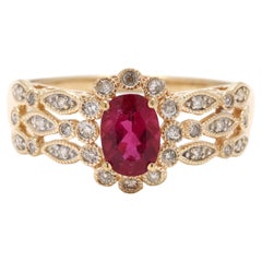 Bague fantaisie en or jaune 10 carats, diamant 1 carat et tourmaline rose, taille 9