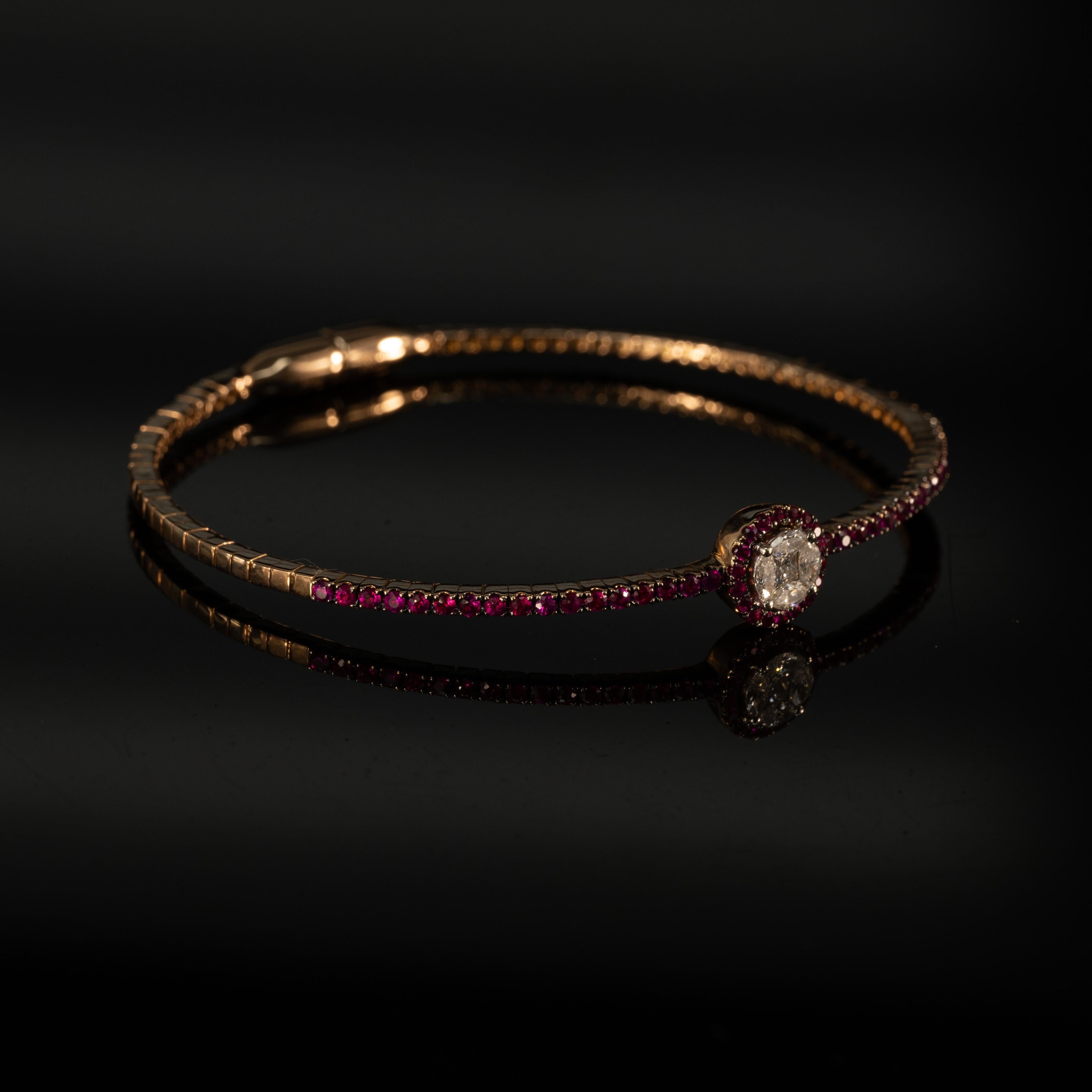 Pulsera de oro rosa de 18 quilates con diamantes y rubíes de 1 quilate Corte redondo