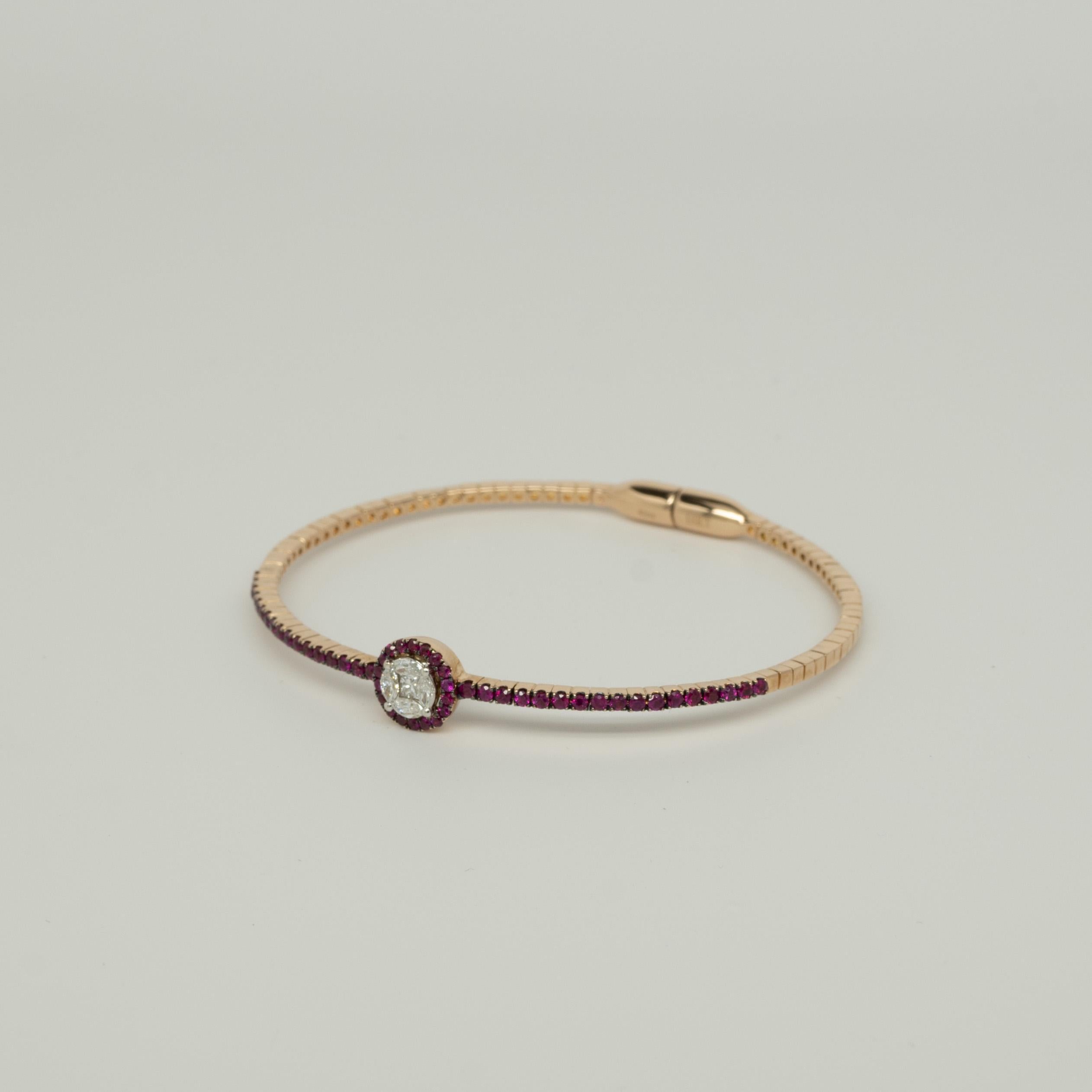 Pulsera de oro rosa de 18 quilates con diamantes y rubíes de 1 quilate 1