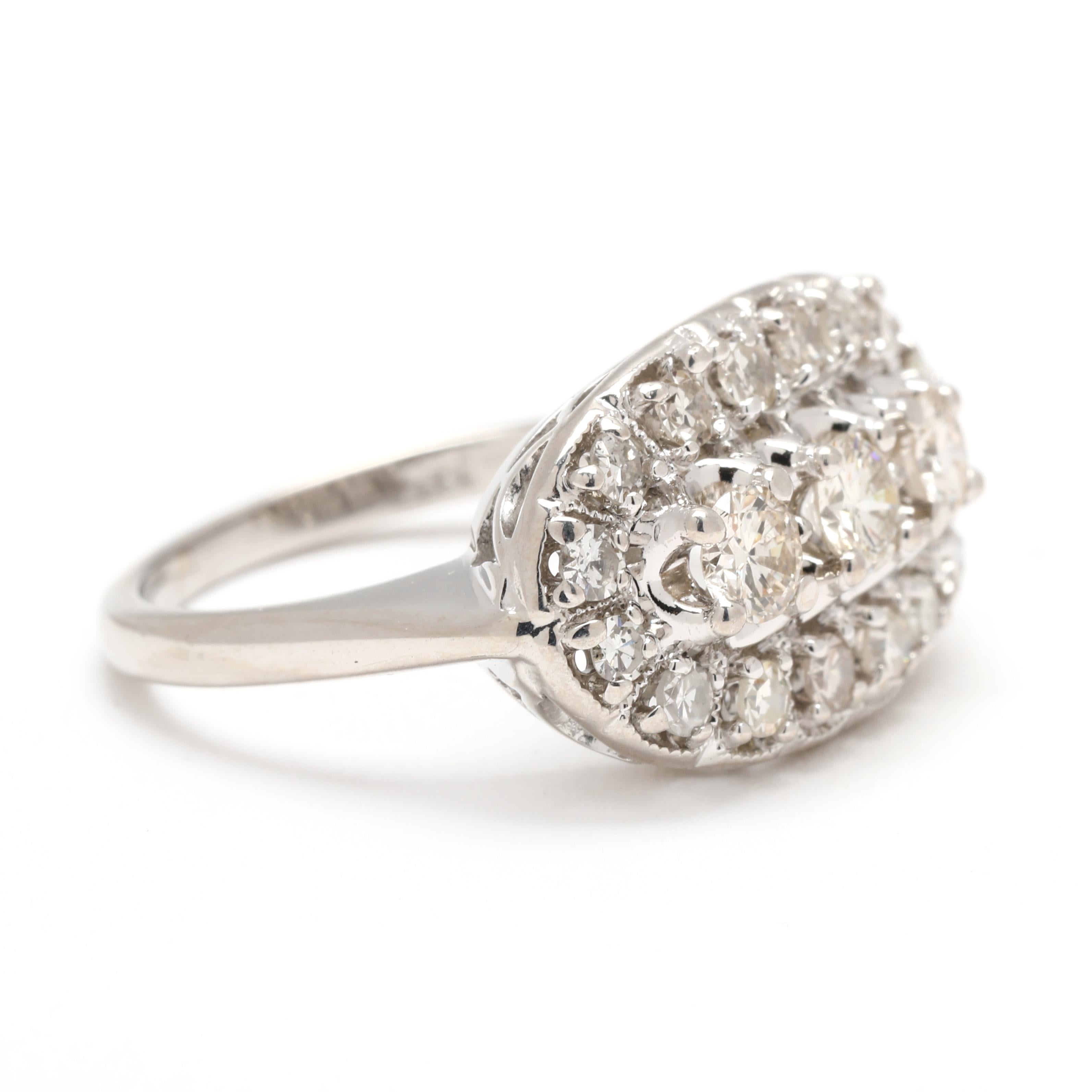 Stones:
diamonds, 19 stones
round brilliant and single cut
2 - 3.5 mm
approximately 1 total carat
HI color/ VS2-SI2 clarity

Ring Size 5.25

Width: 11.6 mm

Weight: 3 dwts. / 4.6 grams

Stamps: 