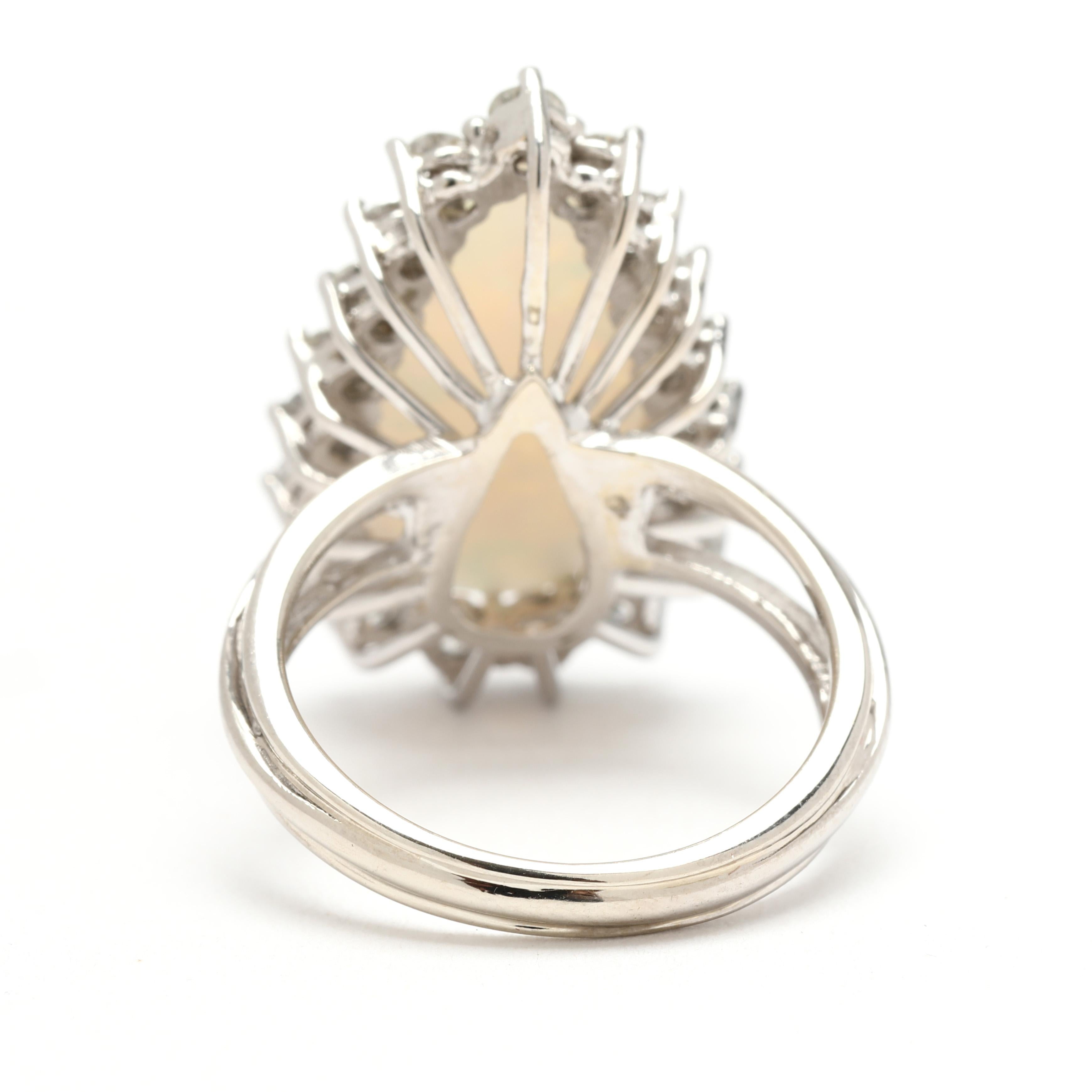 Pear Cut 1ctw Large Pear Opal & Diamond Ring, 14k White Gold, Ring Size 6.25 For Sale