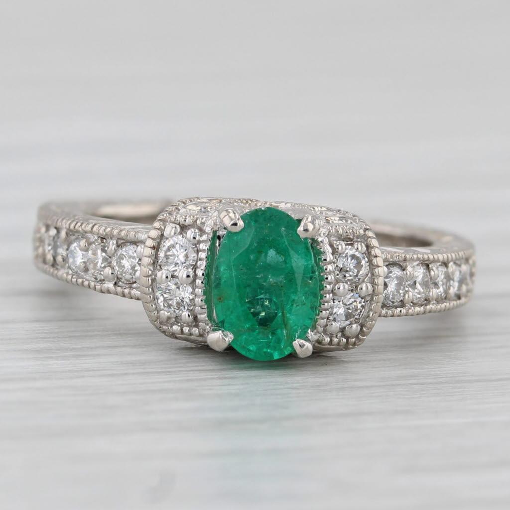 1ctw Oval Emerald Diamond Ring 14k White Gold Size 6.5 Engagement In Good Condition For Sale In McLeansville, NC