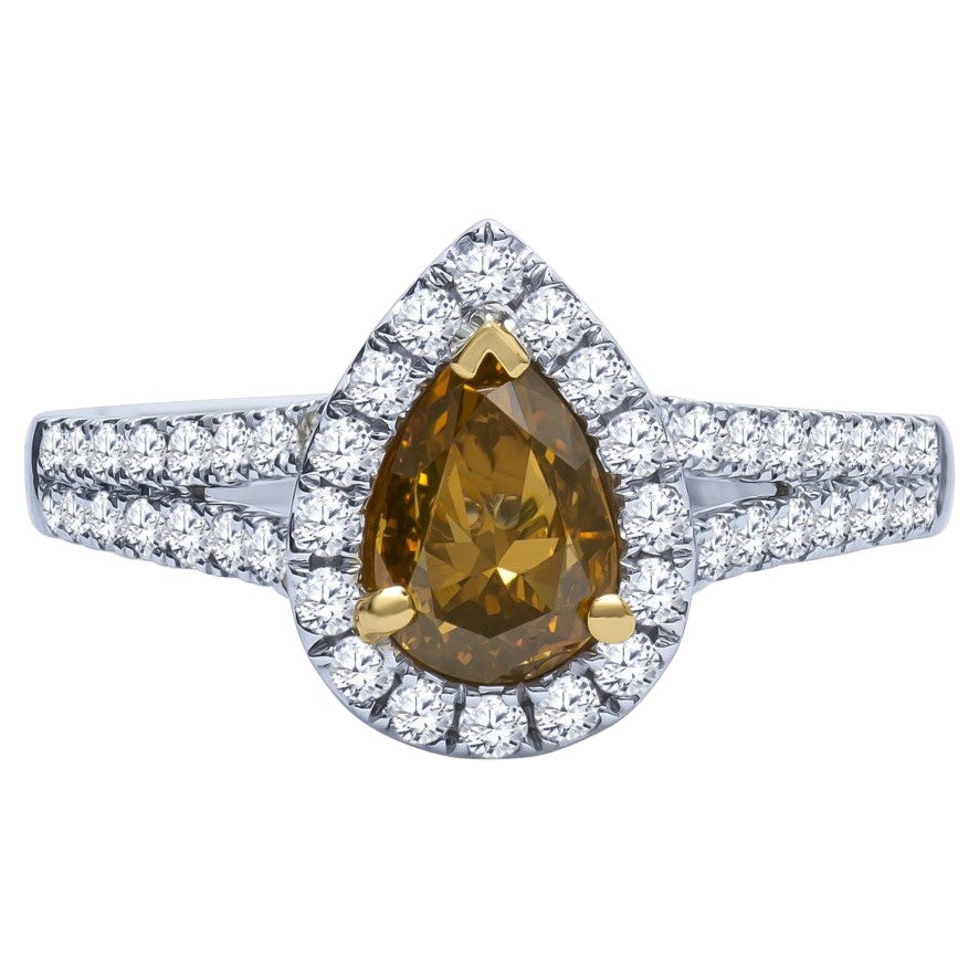 1ctw Pear Shape Fancy Deep Brown/Yellow/Orange Halo Engagement Ring VVS2 en vente