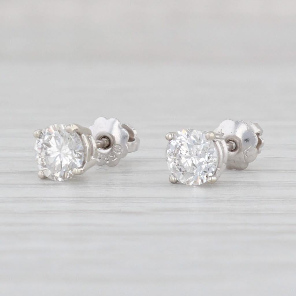 1ctw Round Diamond Solitaire Stud Earrings 14k White Gold Pierced Studs In Good Condition For Sale In McLeansville, NC
