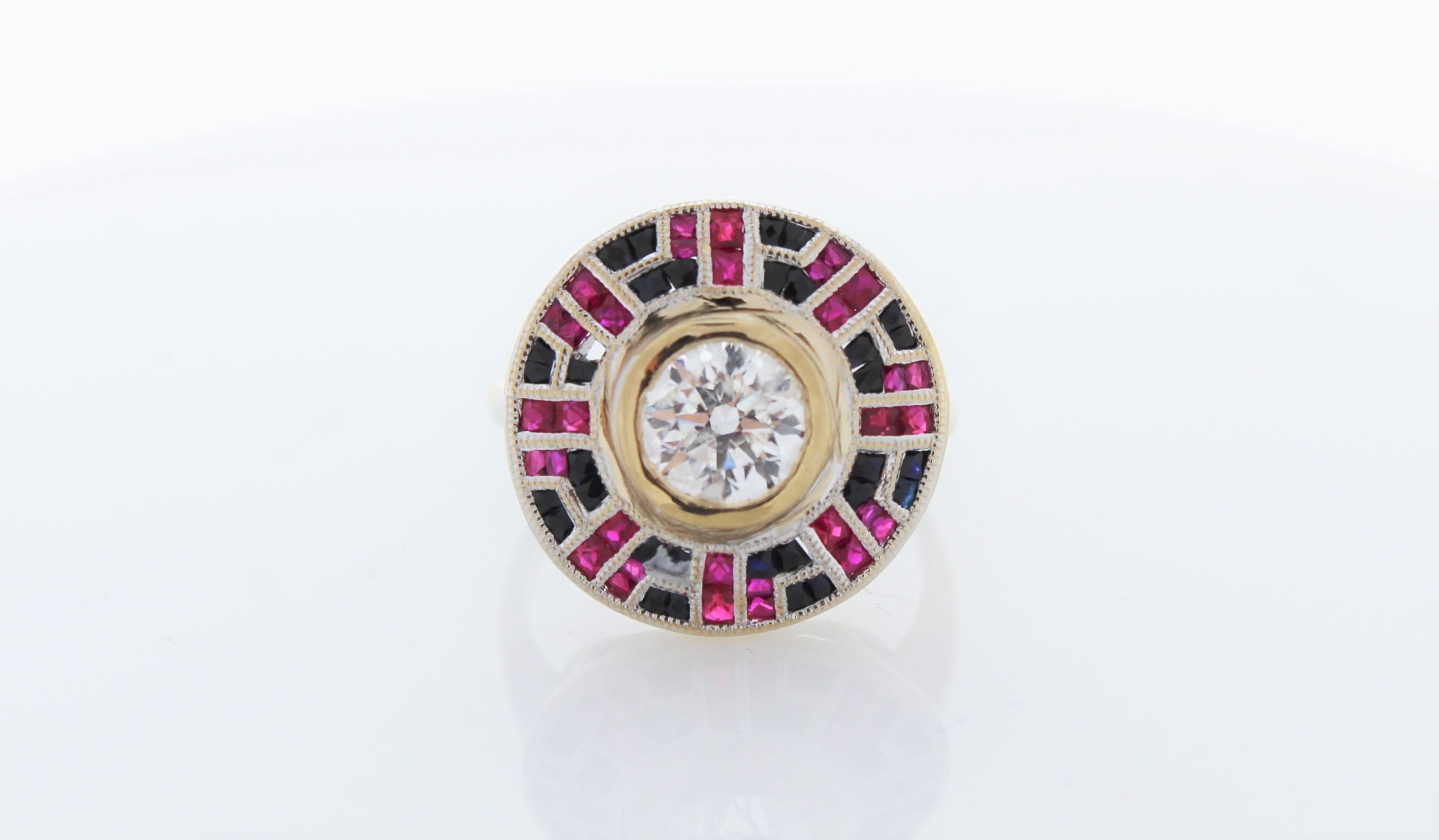A bright and brilliant vintage round brilliant cut diamond, weighing one-and-a-quarter-carats, fills a vibrant royal blue frame of calibre-cut sapphires and burgundy red rubies in this classic Art Deco style 'jigsaw' or 'halo' ring, hand-fabricated