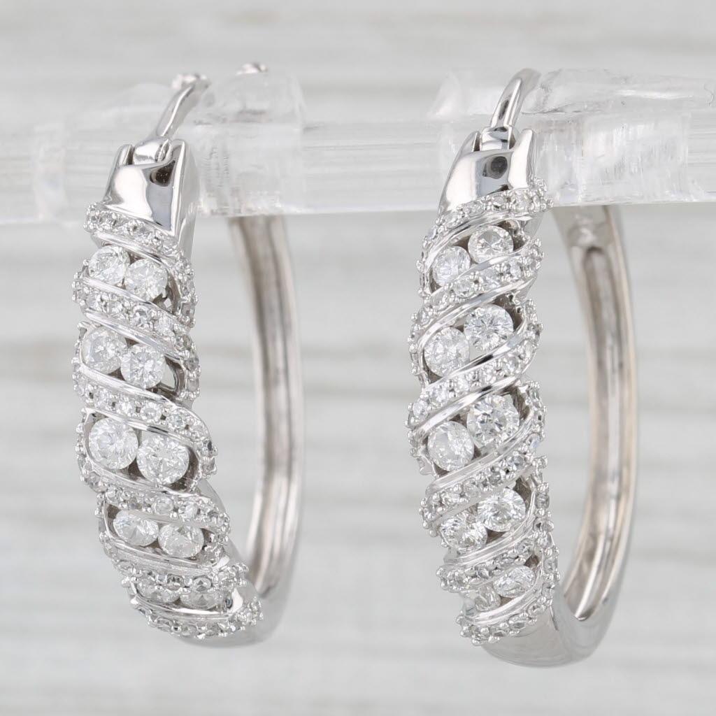 1ctw Scalloped Diamond Hoop Earrings 14k White Gold Snap Top Round Hoops