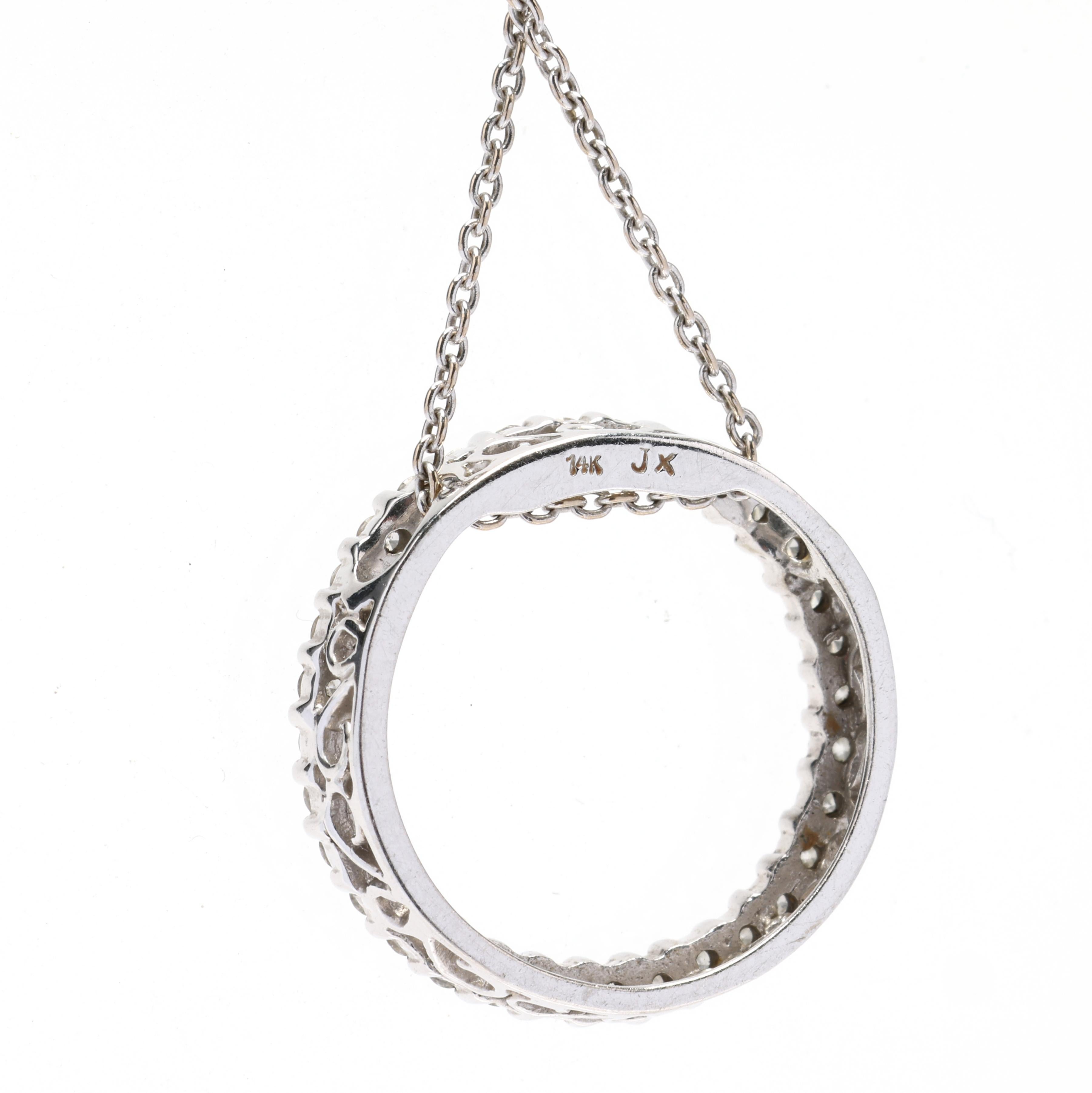 This stunning 1cwt diamond circle pendant necklace is a true statement piece that will add elegance and sparkle to any look. Made from 14k white gold, this necklace features a circle pendant encrusted with 1 carat total weight of brilliant white