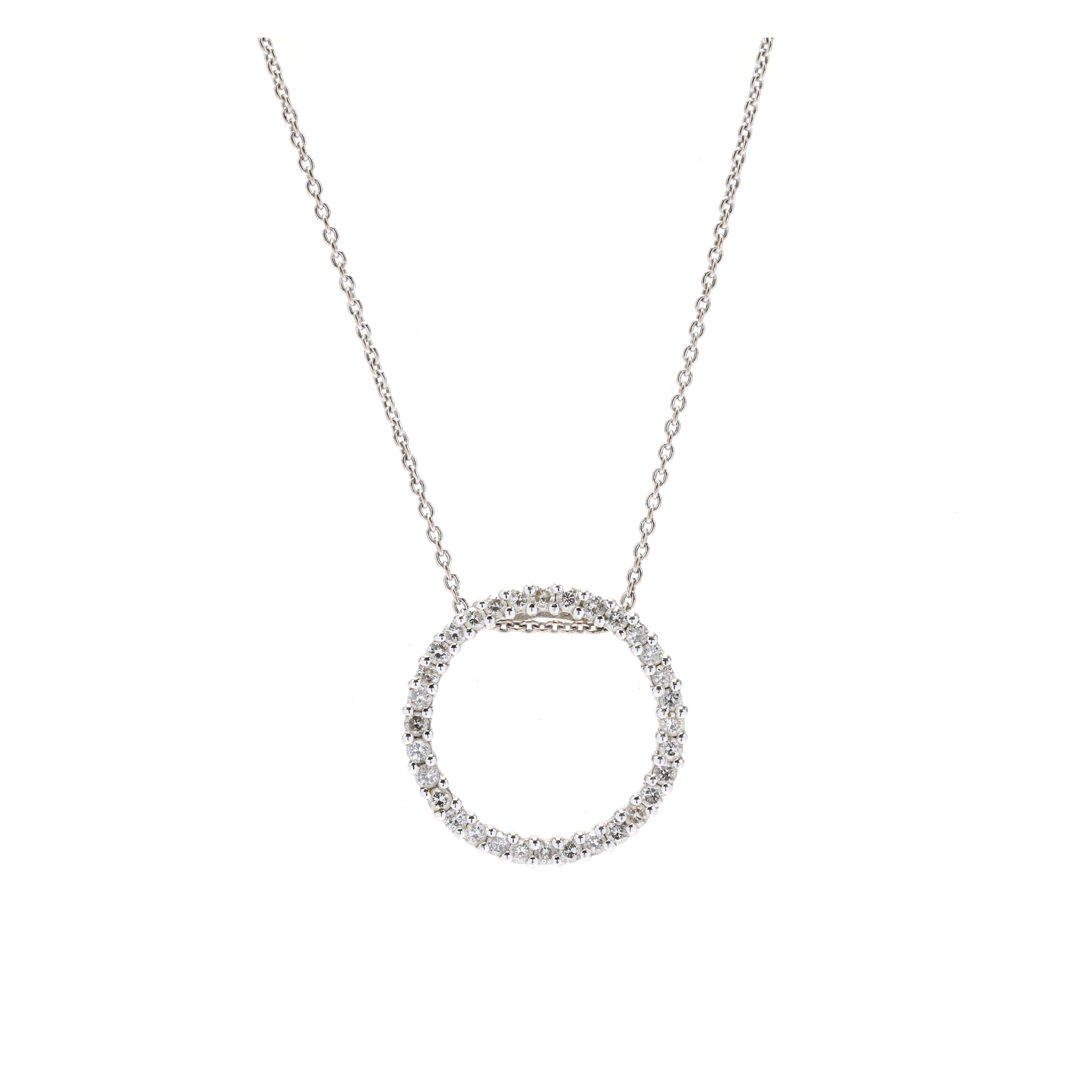 1cwt Diamond Circle Pendant Necklace, 14k White Gold, Length 20 Inches In Good Condition For Sale In McLeansville, NC