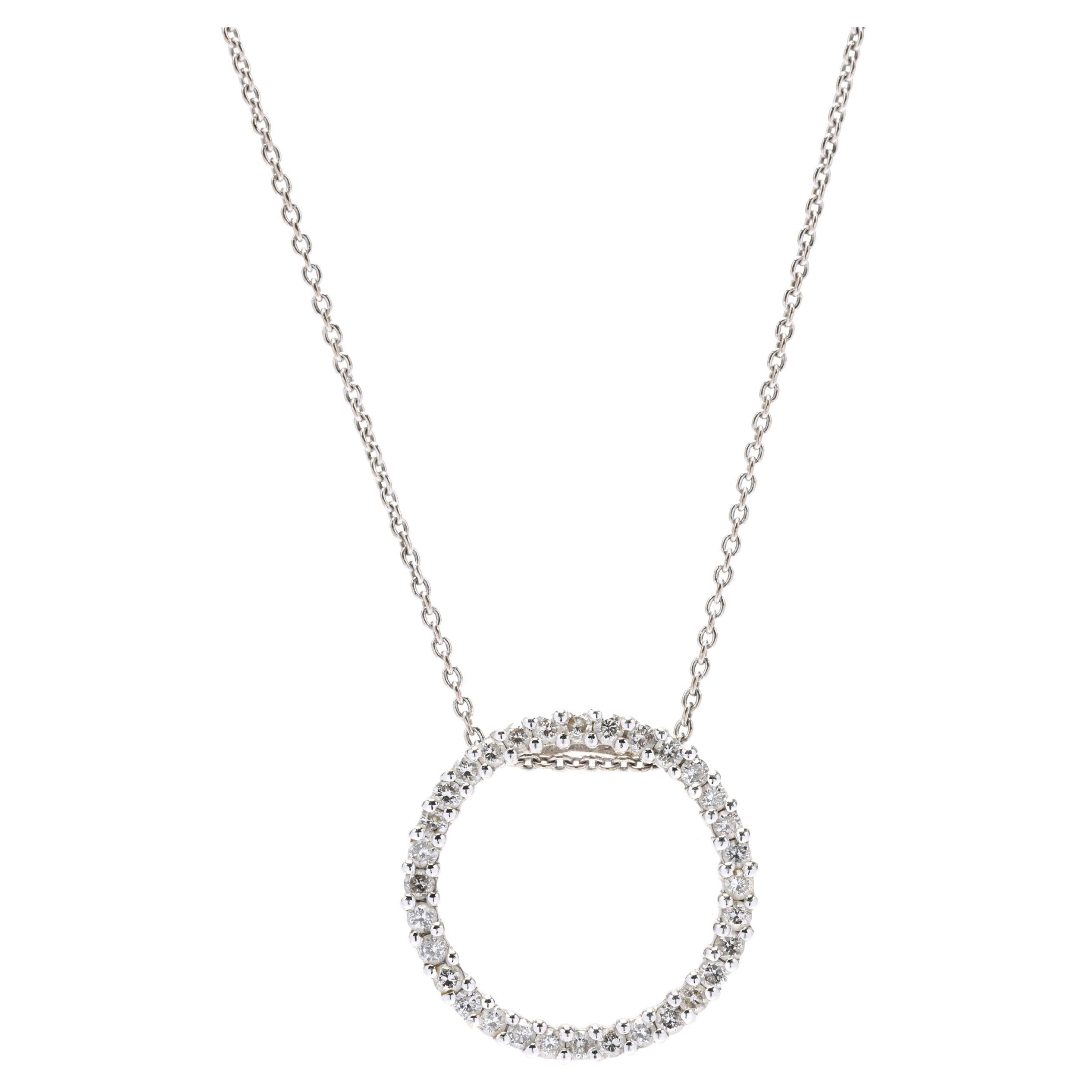 1cwt Diamond Circle Pendant Necklace, 14k White Gold, Length 20 Inches For Sale