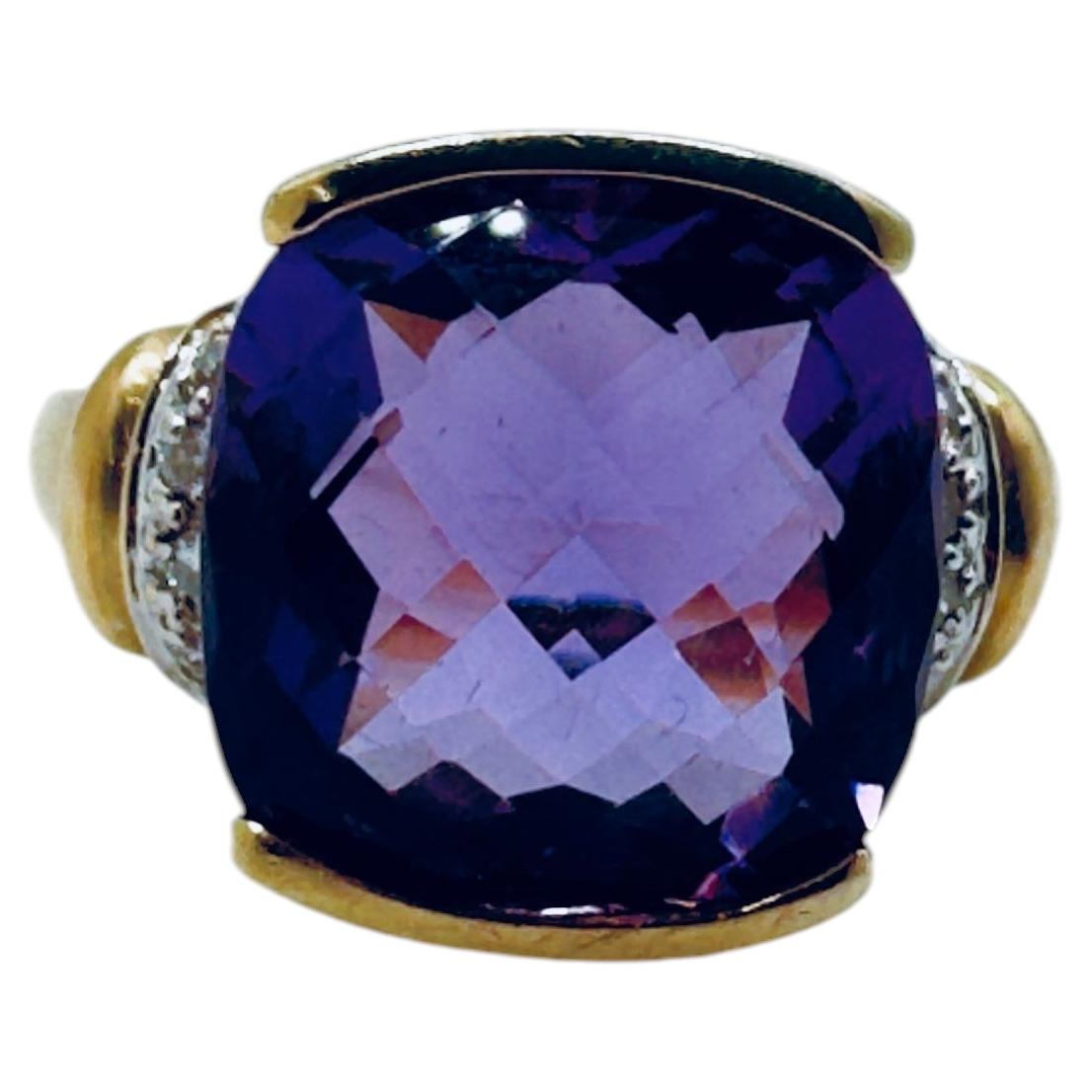 1K Yellow Gold Amethyst Cushion Cocktail Ring with Diamond Accents, Size 6.5