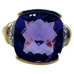 1K Yellow Gold Amethyst Cushion Cocktail Ring with Diamond Accents, Size 6.5