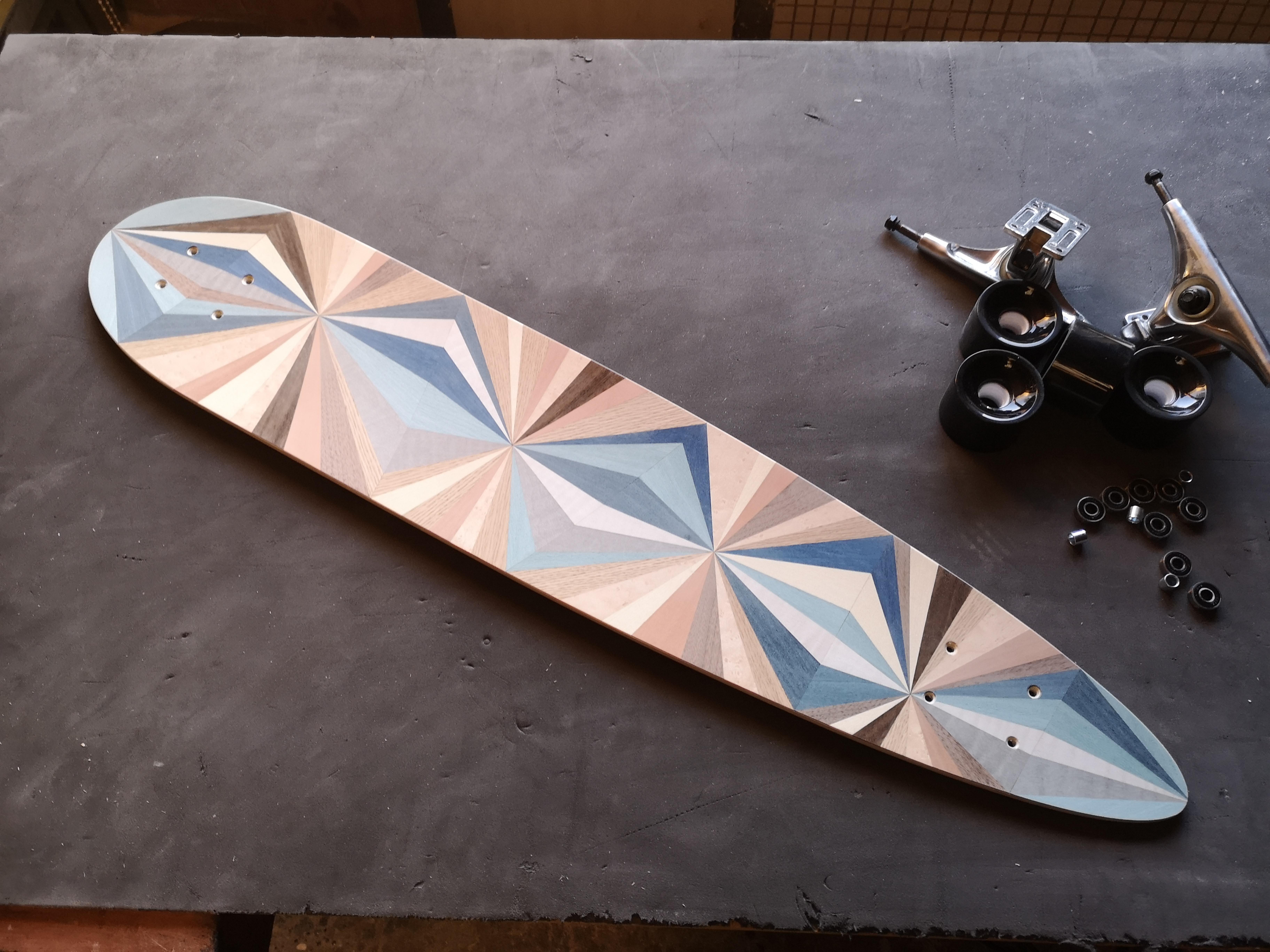 1M Marquetry Pintail Longboard.  Handcrafted Skateboards from  w o o d p o p. For Sale 3
