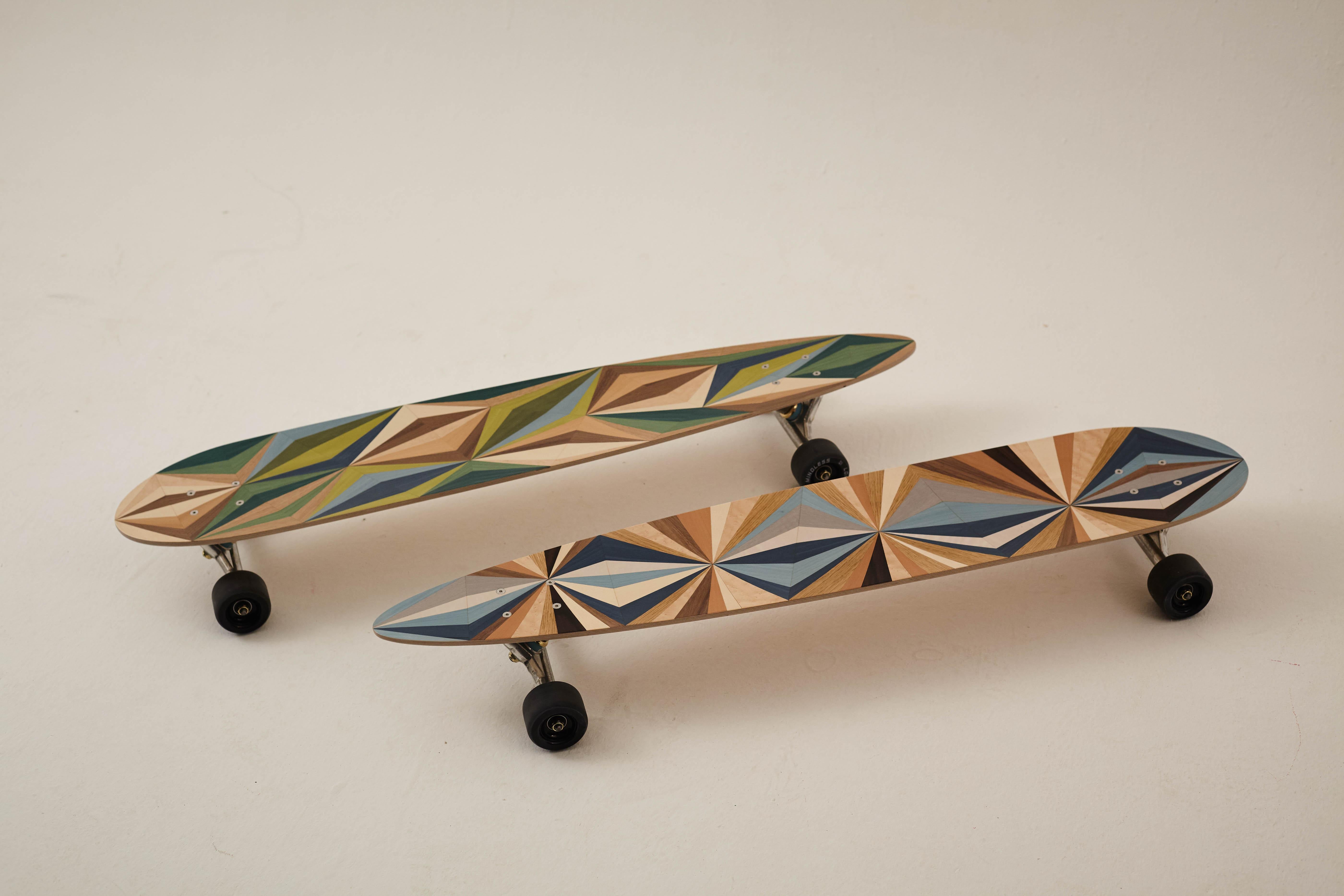 1M Marquetry Pintail Longboard.  Handcrafted Skateboards from  w o o d p o p. For Sale 5