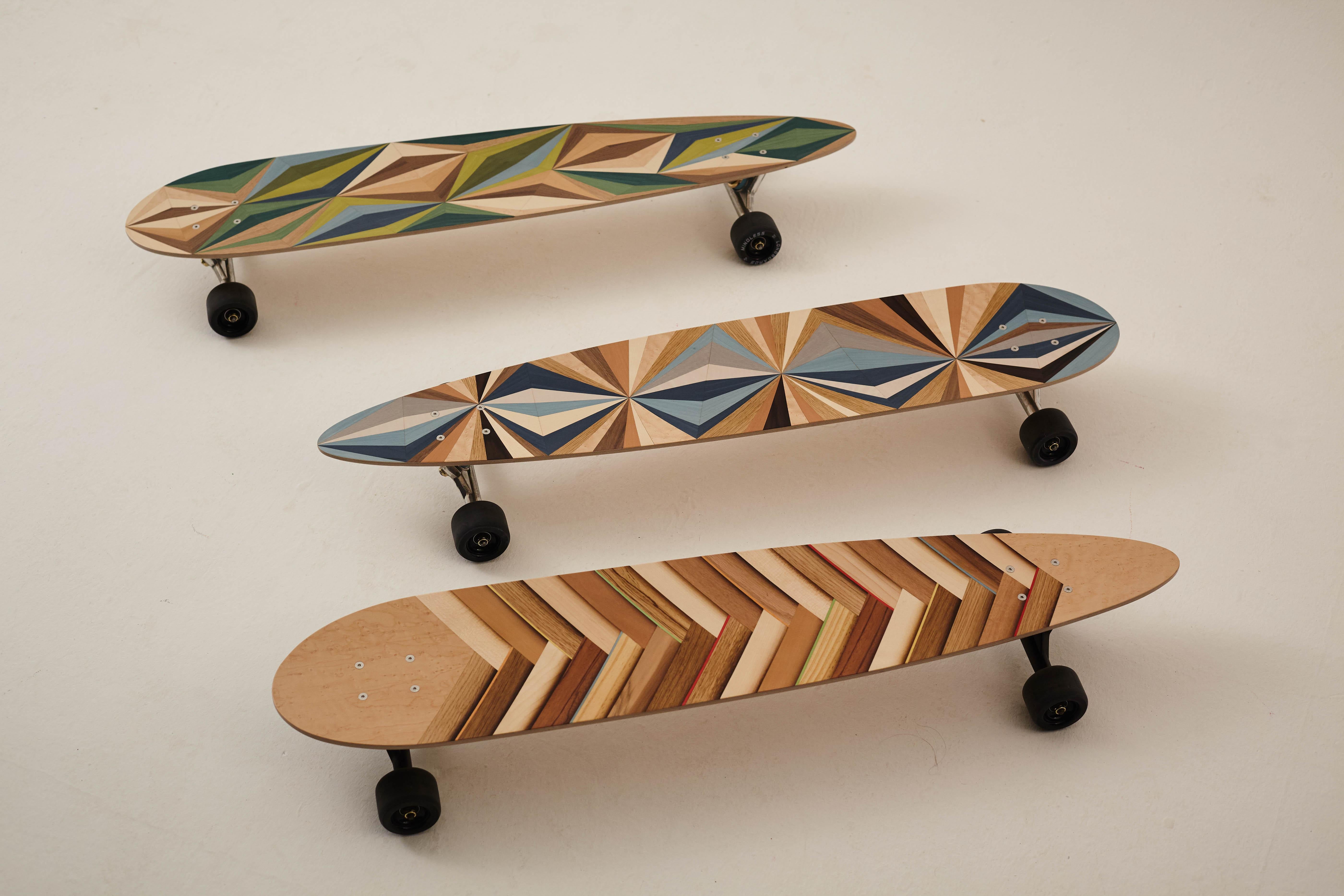 1M Marquetry Pintail Longboard.  Handcrafted Skateboards from  w o o d p o p. For Sale 6