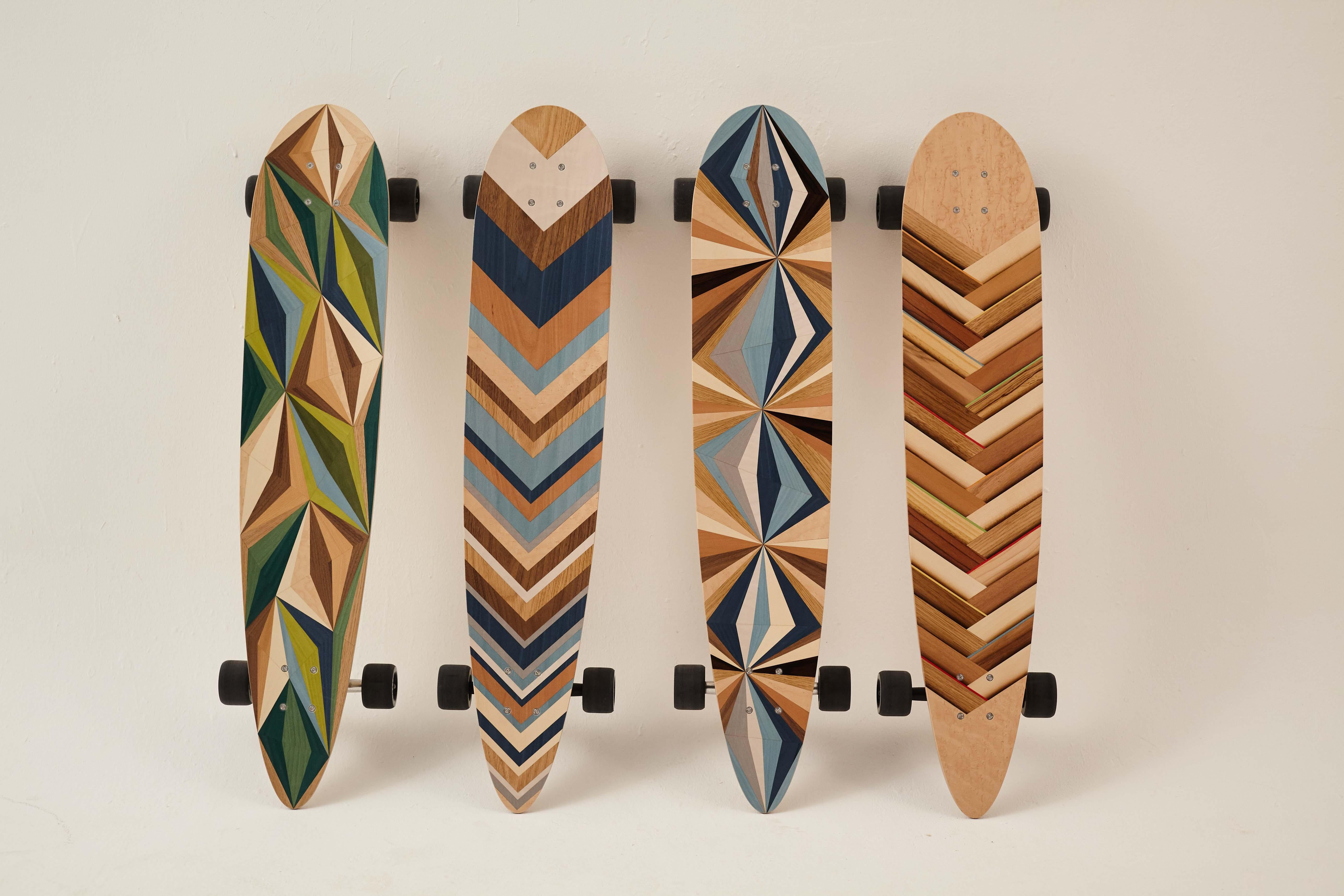 1M Marquetry Pintail Longboard.  Handcrafted Skateboards from  w o o d p o p. For Sale 7