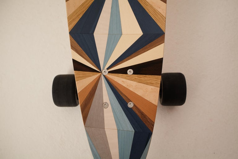 Contemporary 1M Marquetry Pintail Longboard.  Handcrafted Skateboards from  w o o d p o p. For Sale