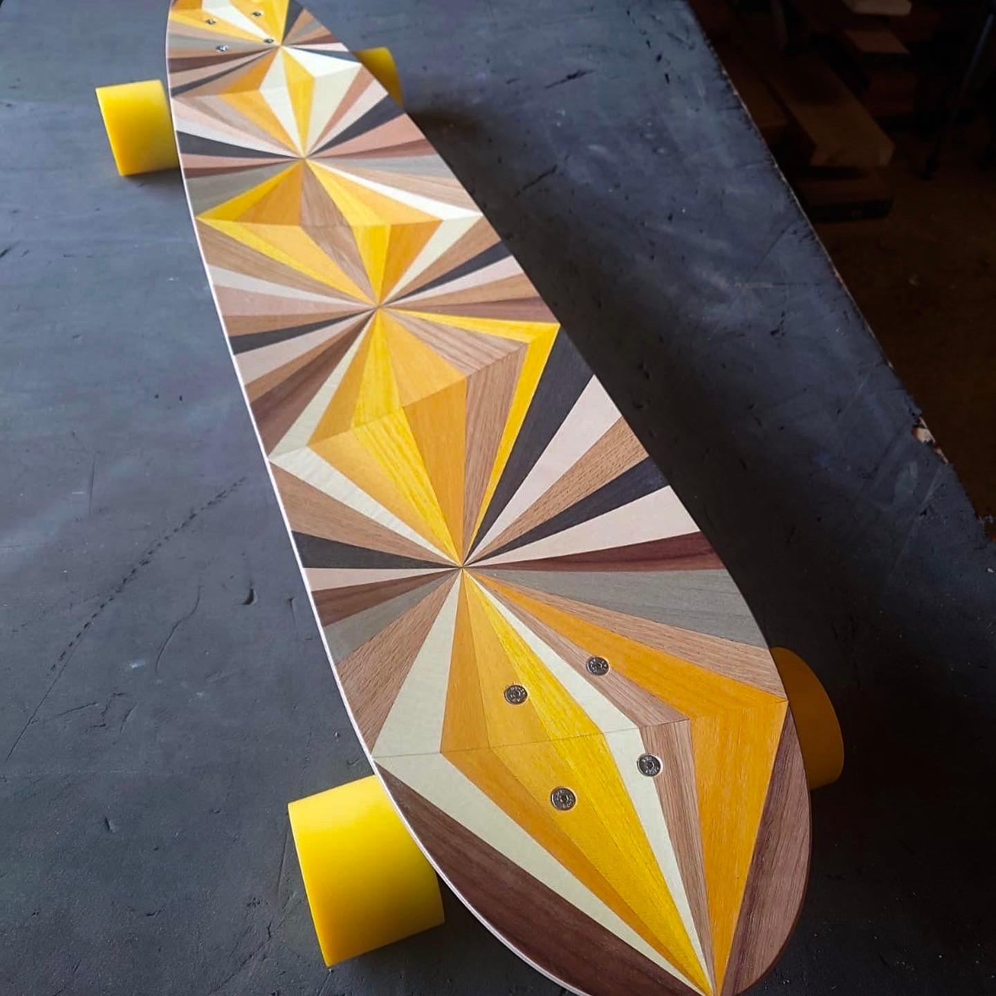 1M Marquetry Pintail Longboard.  Handcrafted Skateboards from  w o o d p o p. For Sale 2