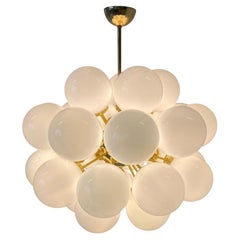 1.Mid-Century Modern Brass and White Murano Glass Spheres Chandelier