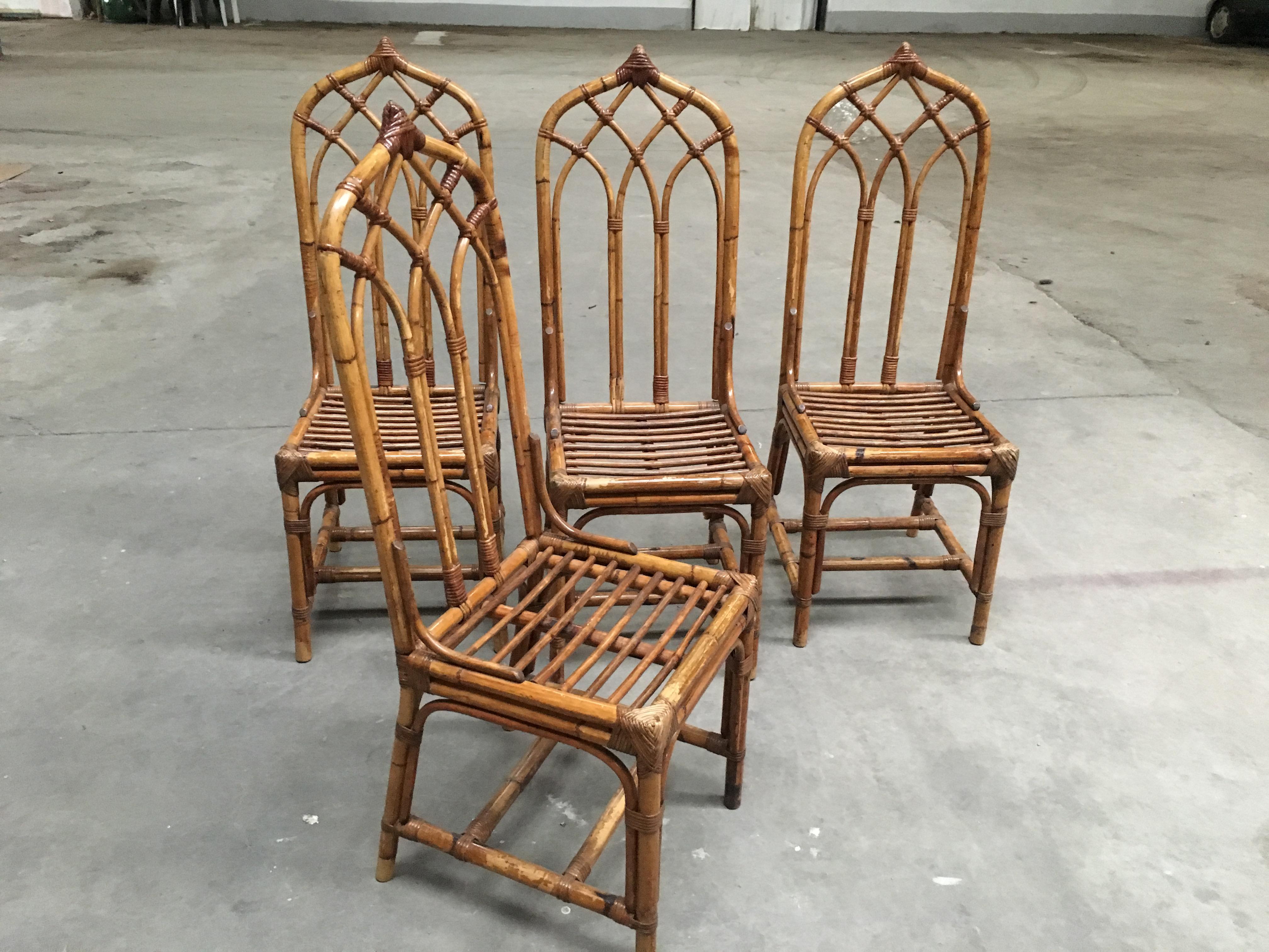 Mid-Century Modern Italian Set of Four Bamboo and Rattan Chairs, 1960s In Good Condition In Prato, IT