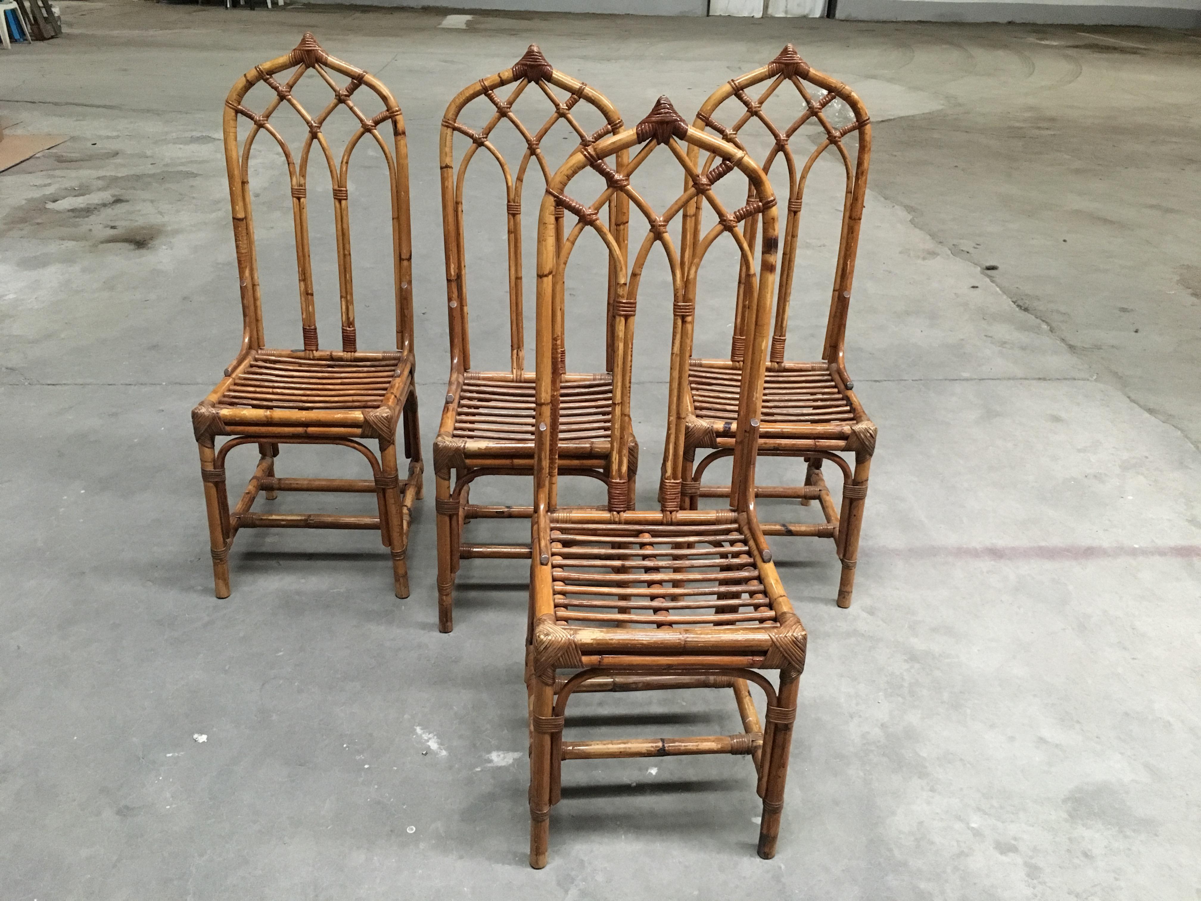 Mid-Century Modern Italian Set of Four Bamboo and Rattan Chairs, 1960s (Italienisch)