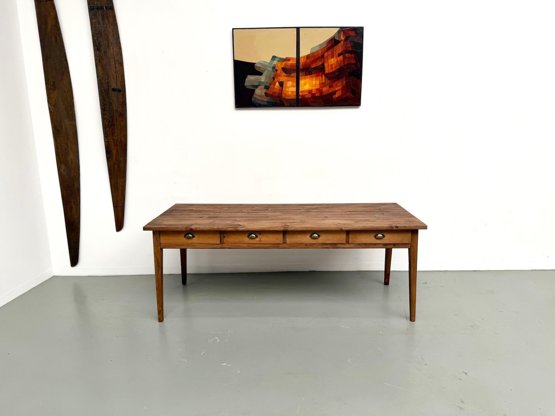 French Provincial 1ntique farmhouse table in beech and pine,  with 8 drawers For Sale
