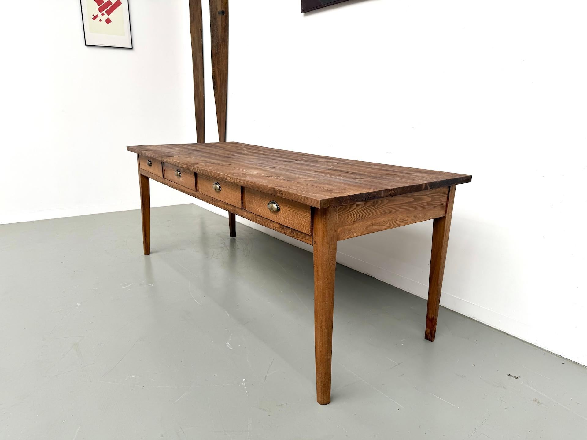 Beech 1ntique farmhouse table in beech and pine,  with 8 drawers For Sale