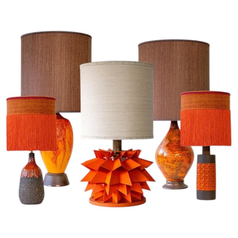 1of the 5 Orange Red Glazed Ceramic Floor Table Lamps, Custom Shade by R. Houben
