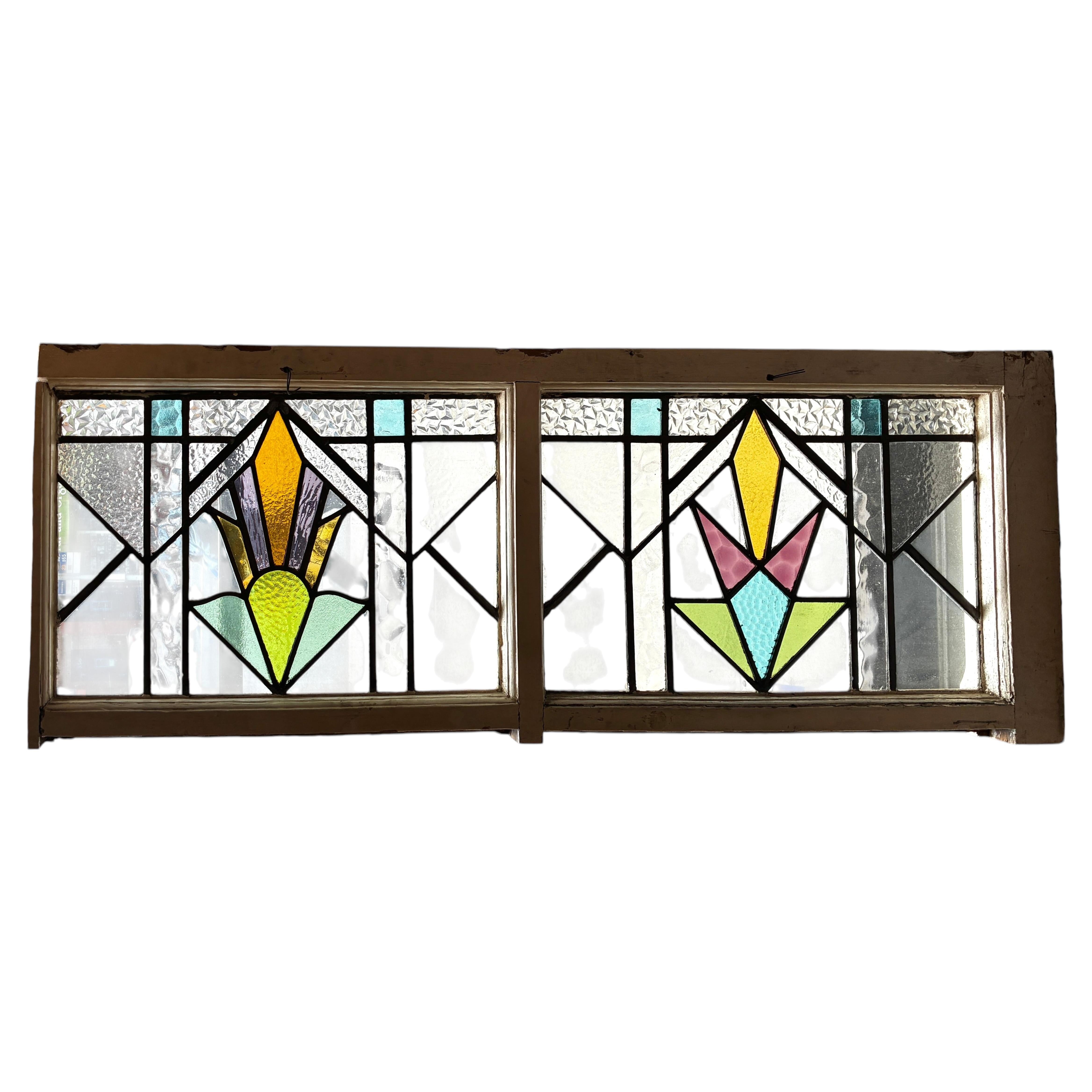 1of2 Art Deco Motif Stained Glass Transom 54" x 21"