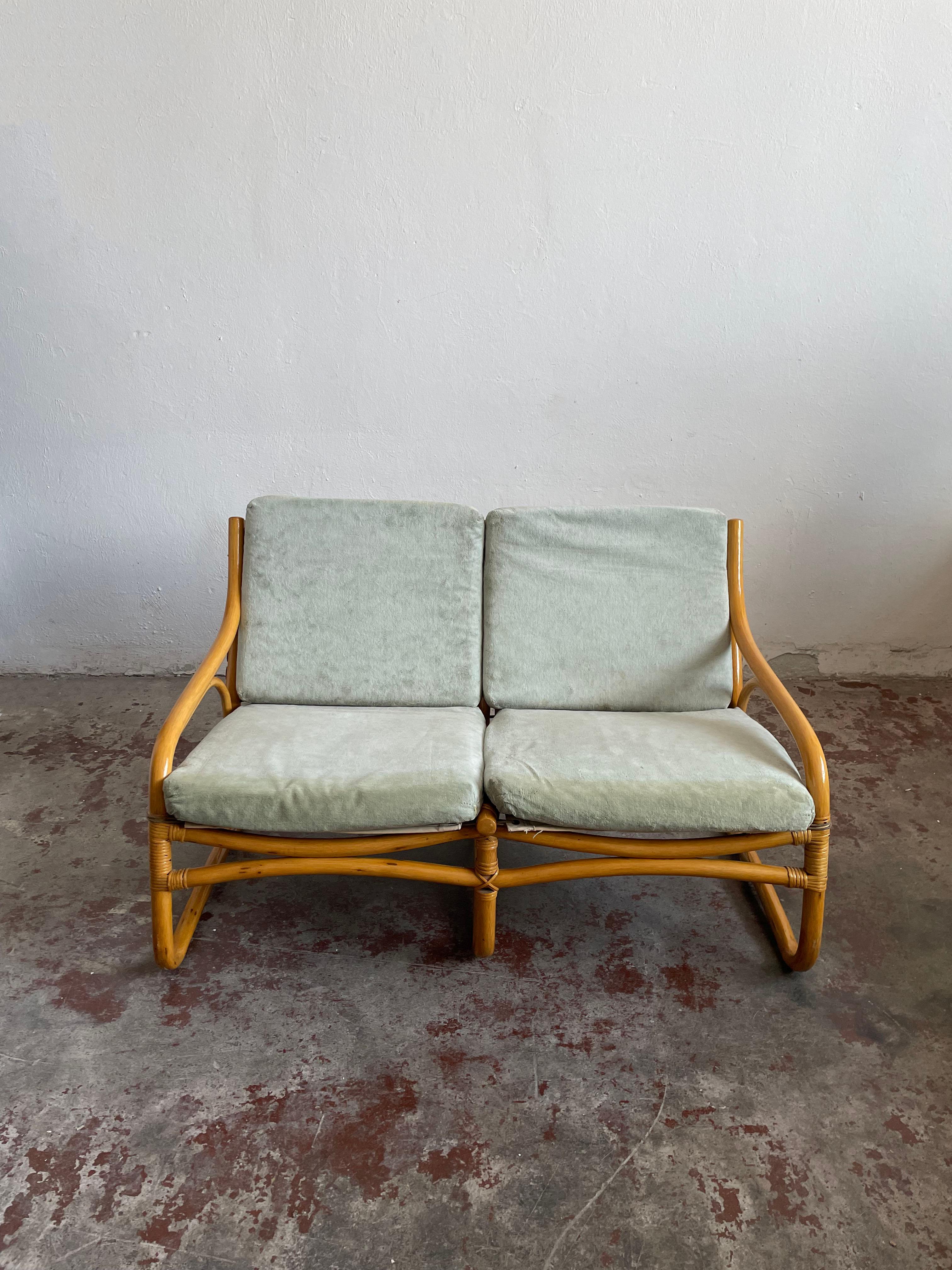 1 of 2 Vintage Scandinavian Bamboo 2-Seater Sofa, Loveseat, c.1970 7