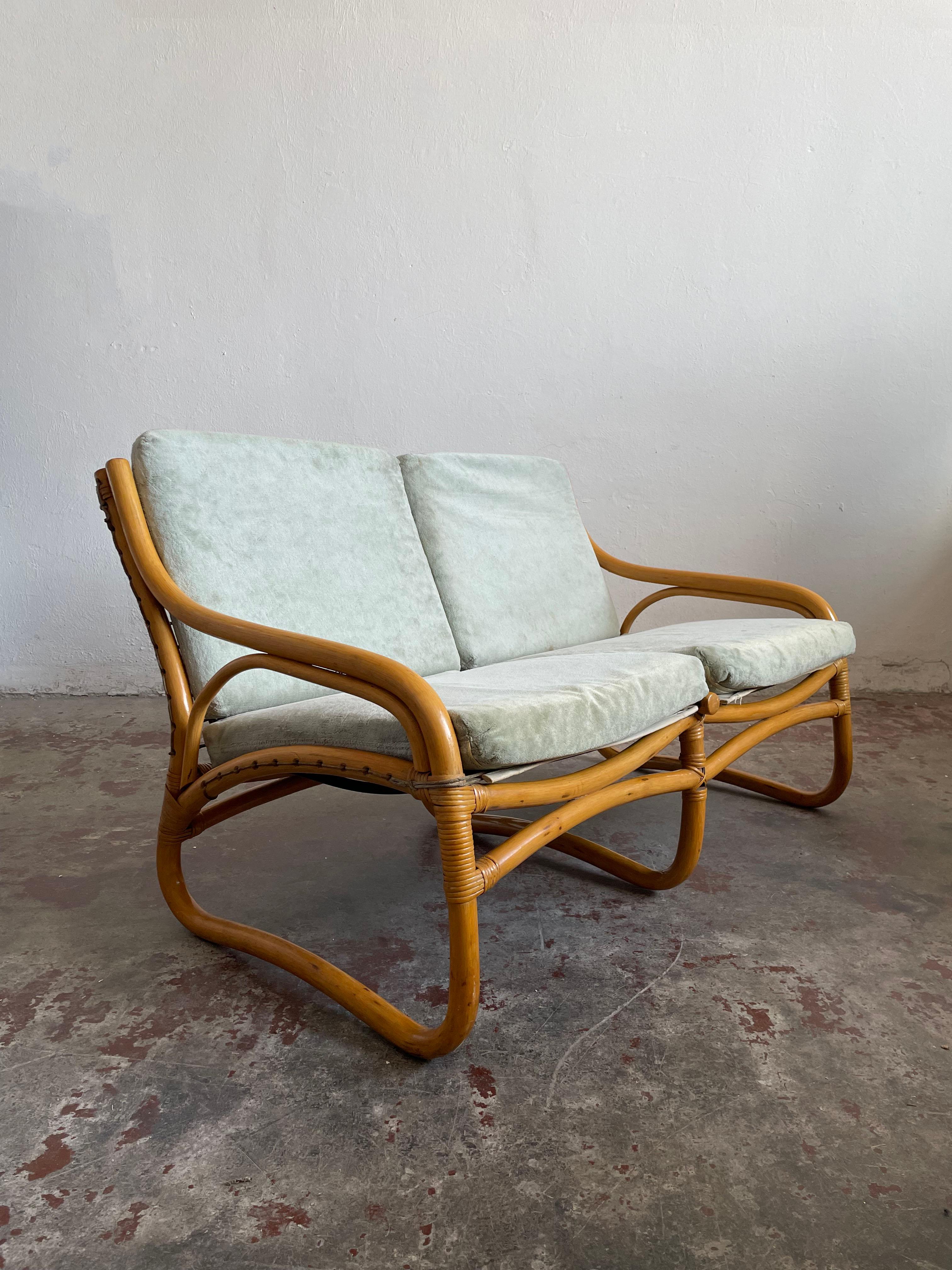 1 of 2 Vintage Scandinavian Bamboo 2-Seater Sofa, Loveseat, c.1970 8