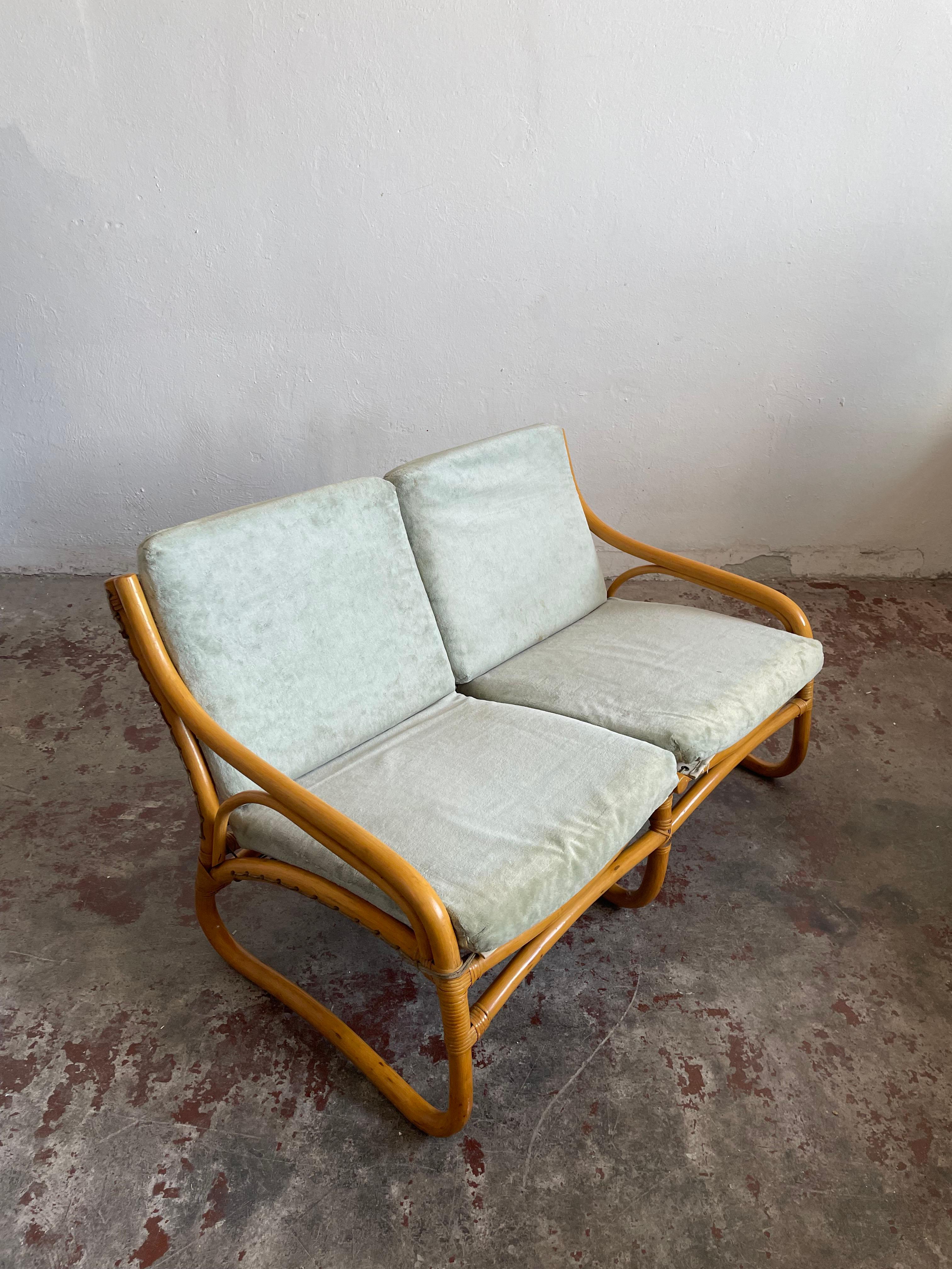 1 of 2 Vintage Scandinavian Bamboo 2-Seater Sofa, Loveseat, c.1970 9