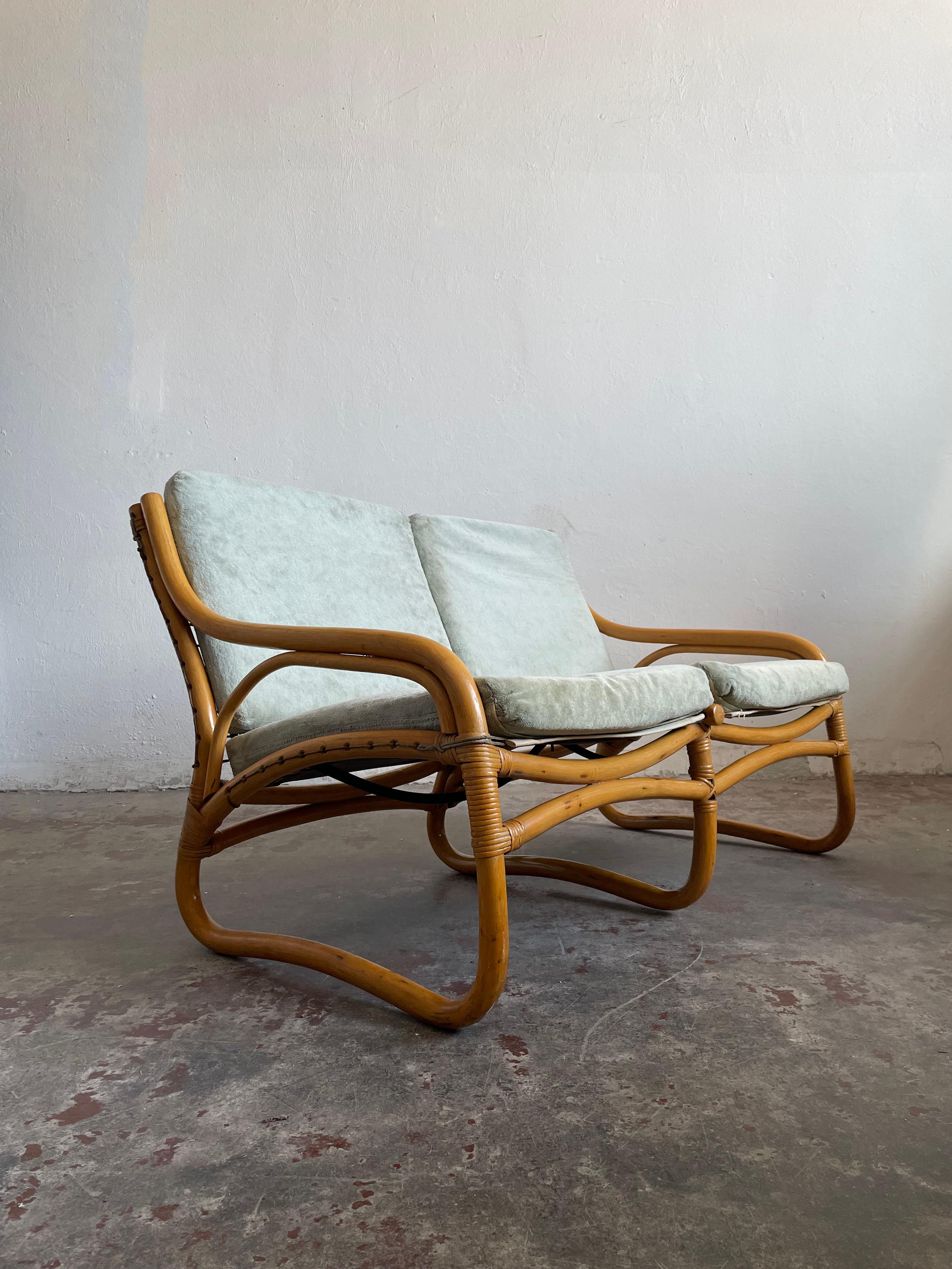 1 of 2 Vintage Scandinavian Bamboo 2-Seater Sofa, Loveseat, c.1970 10