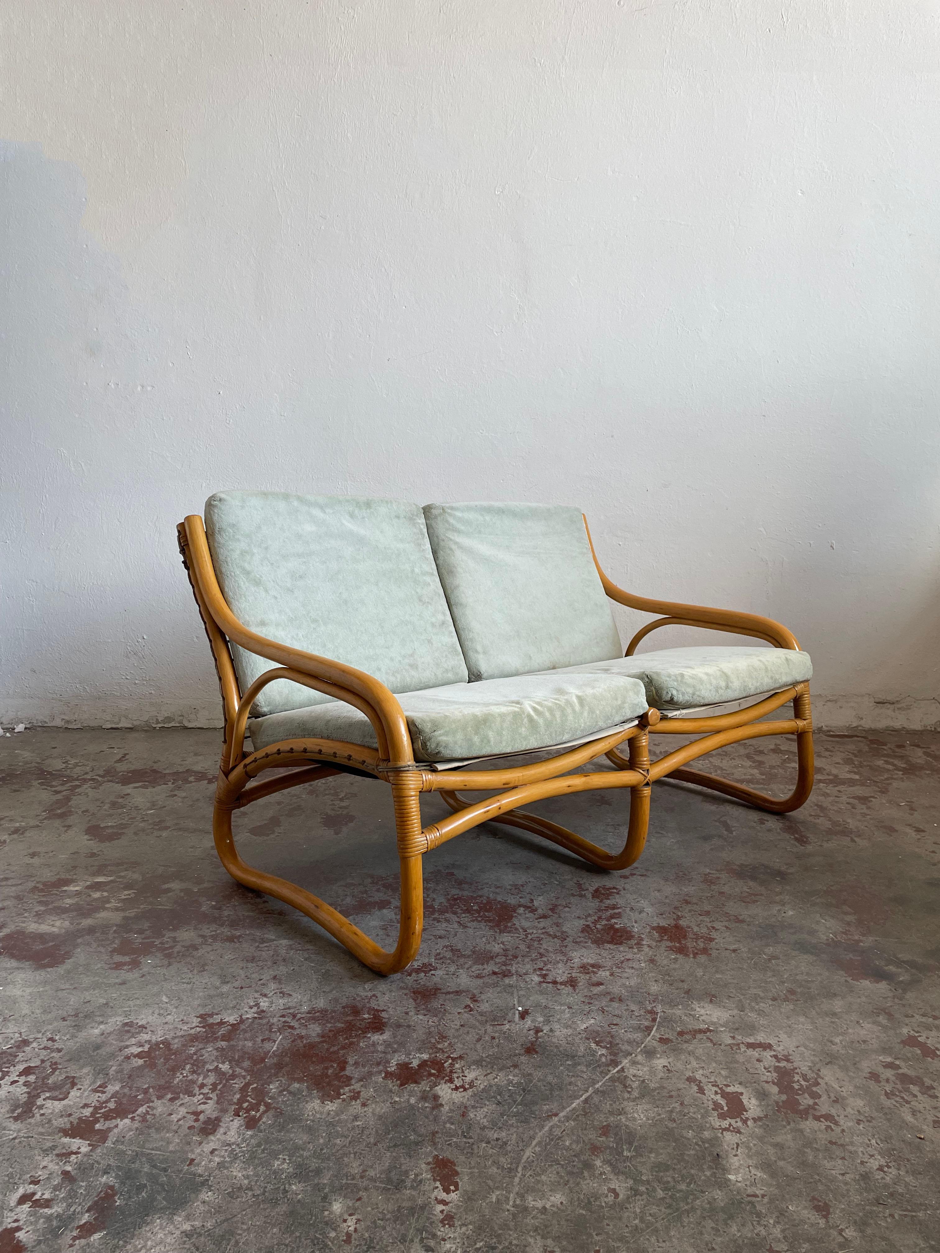20th Century 1 of 2 Vintage Scandinavian Bamboo 2-Seater Sofa, Loveseat, c.1970