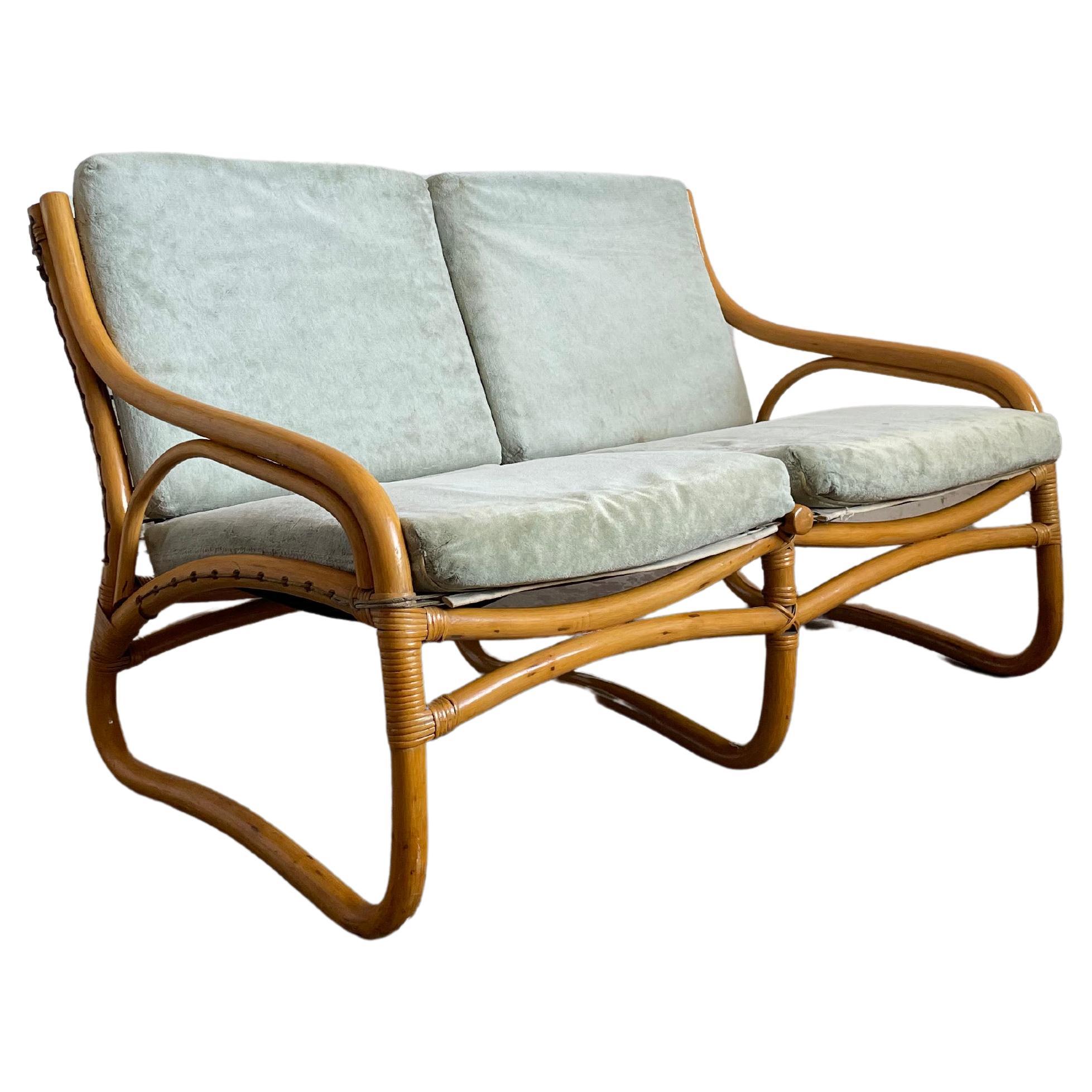 1 of 2 Vintage Scandinavian Bamboo 2-Seater Sofa, Loveseat, c.1970