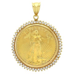 1OZ 22K Fine Gold American Eagle Lady Liberty Medallion w. Diamond Halo 