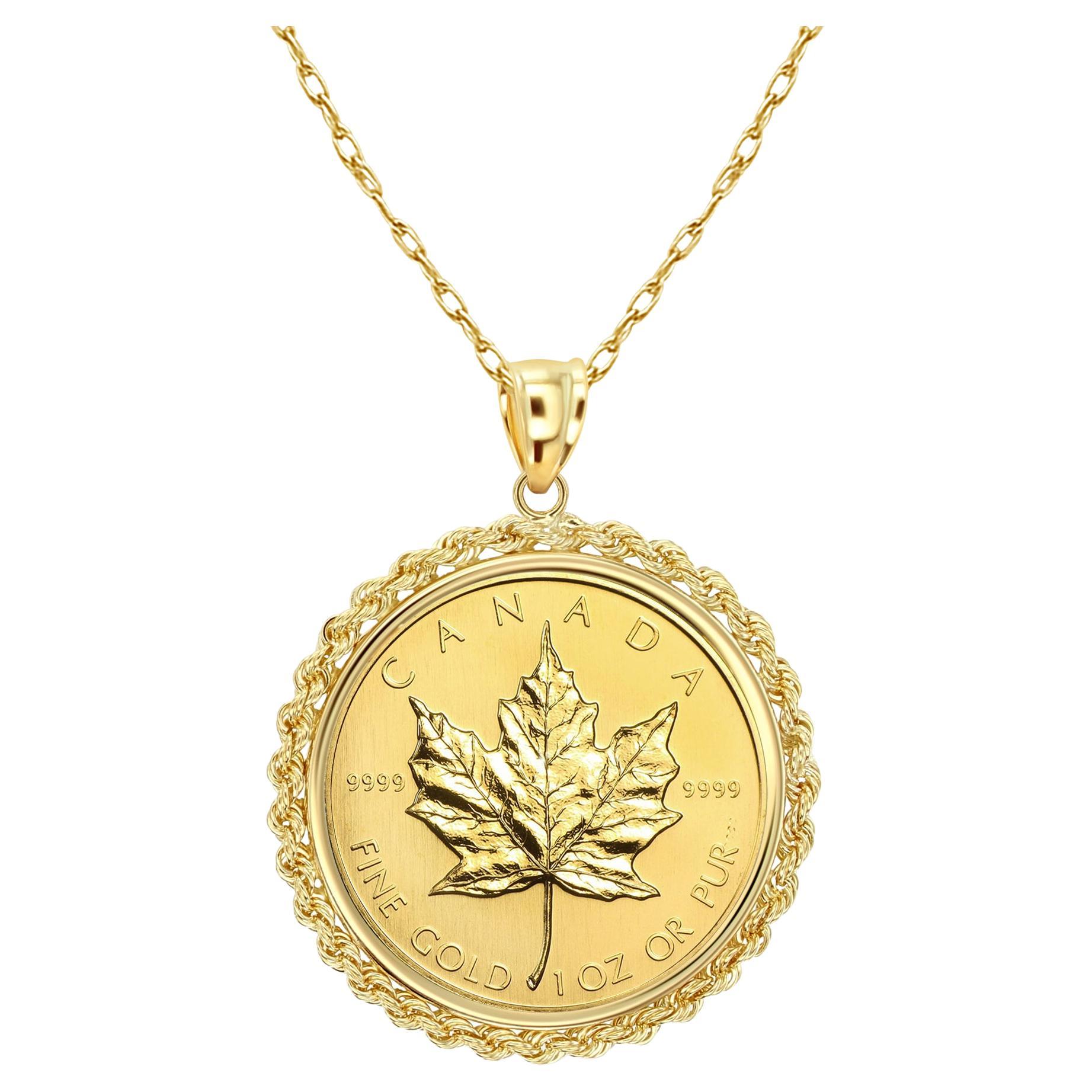 1OZ kanadische Ahornblattmünze-Halskette mit Seil Halo 14k Gelbgold im Angebot
