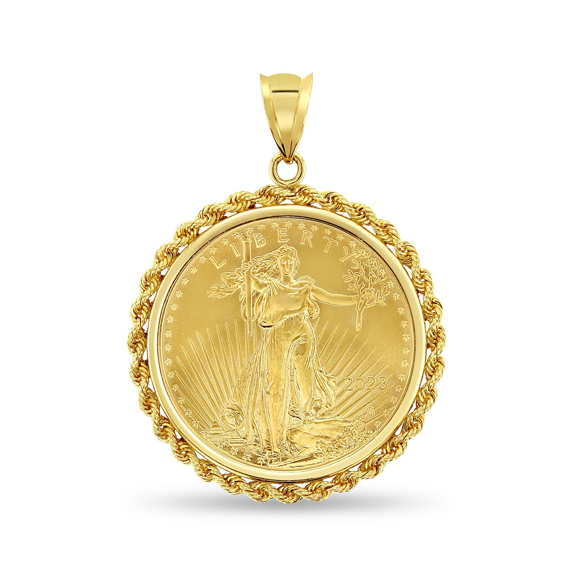 1OZ Fine Gold Lady Liberty Medallion Necklace Rope Halo In New Condition For Sale In Sugar Land, TX