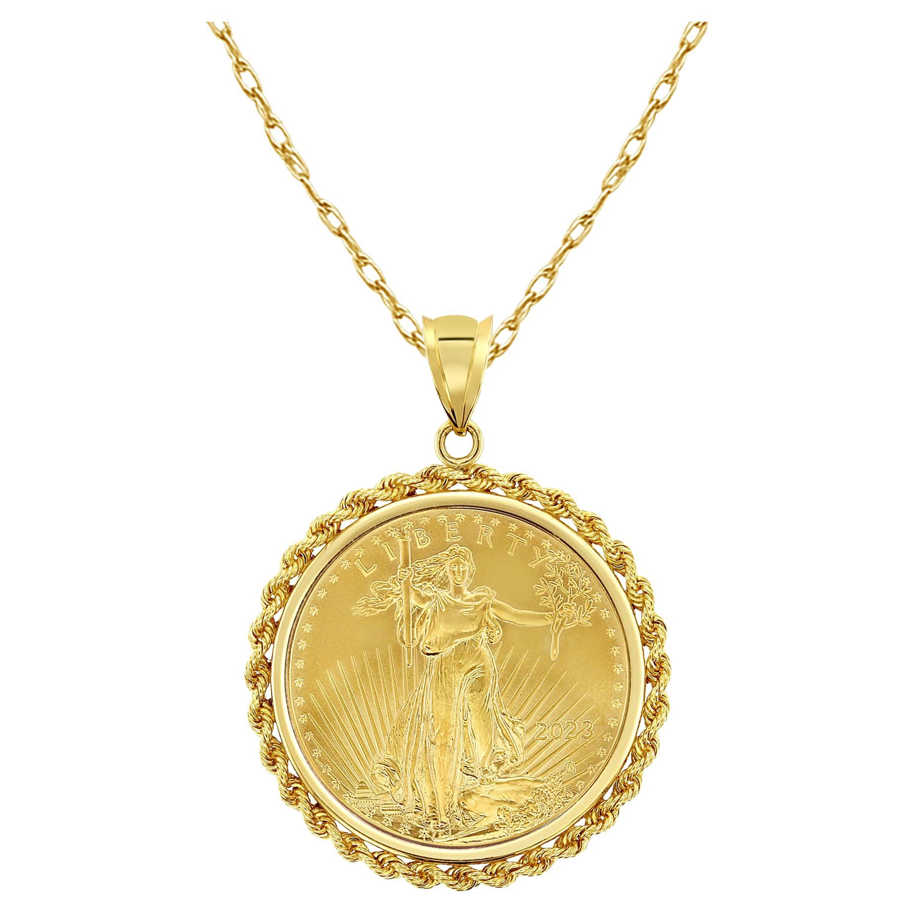 1OZ Fine Gold Lady Liberty Medallion Necklace Rope Halo For Sale